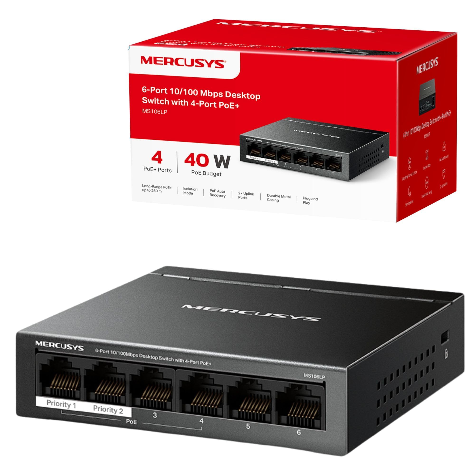 MERCUSYS MS106LP 6-port PoE network switch 4-port PoE+ 30W 802.3af at metal case plug and play