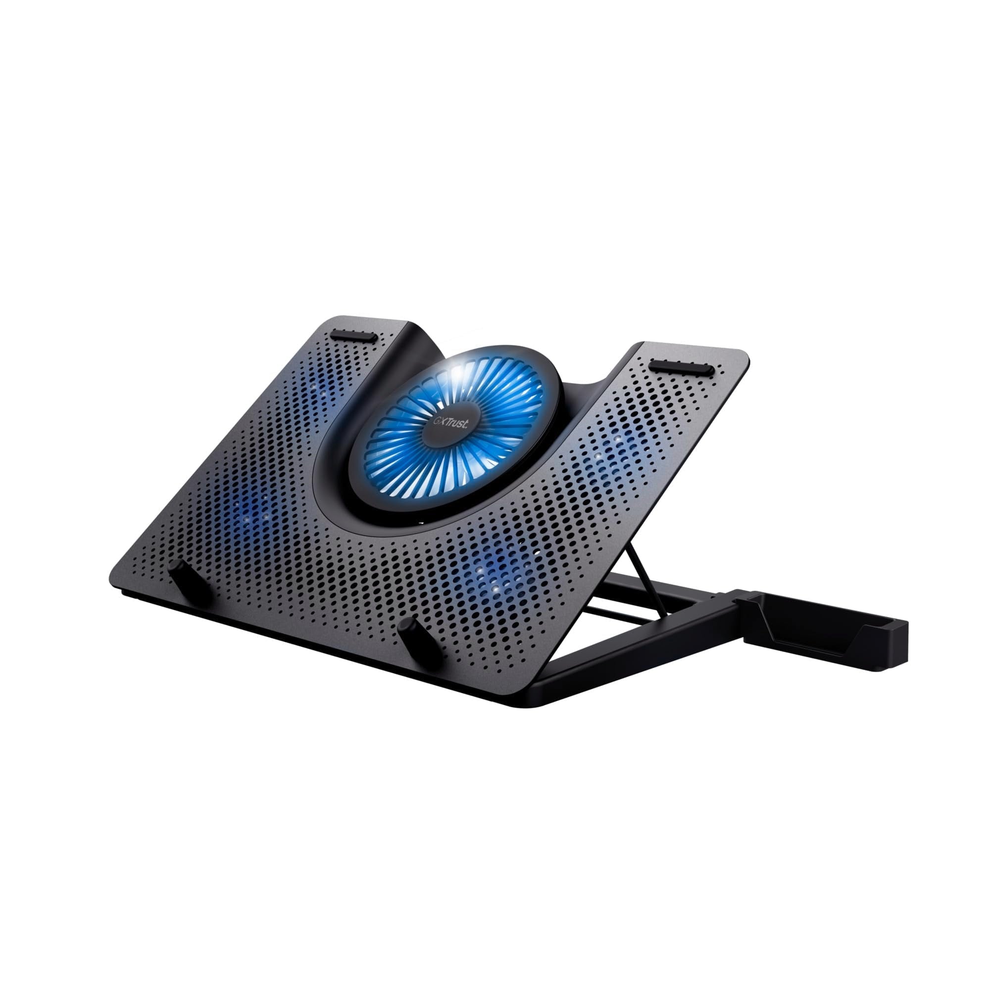 Trust Gaming GXT 1125 Quno Laptop Cooling Stand with 5 blue illuminated fans shown supporting a gaming laptop demonstrating the adjustable angle ergonomic design and powerful airflow cooling system