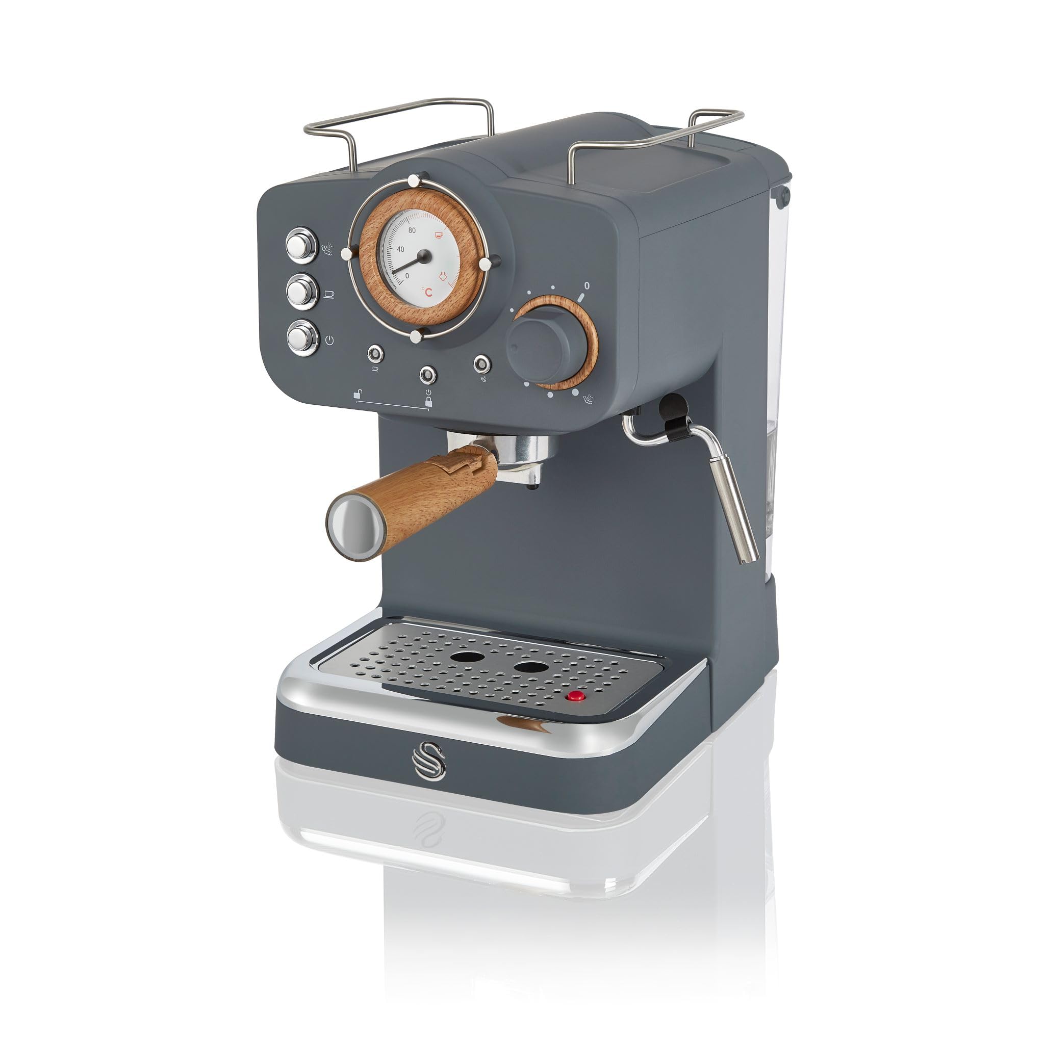 Swan Nordic Espresso Coffee Machine in Slate Grey with milk frother on a kitchen counter showing the clean Nordic design