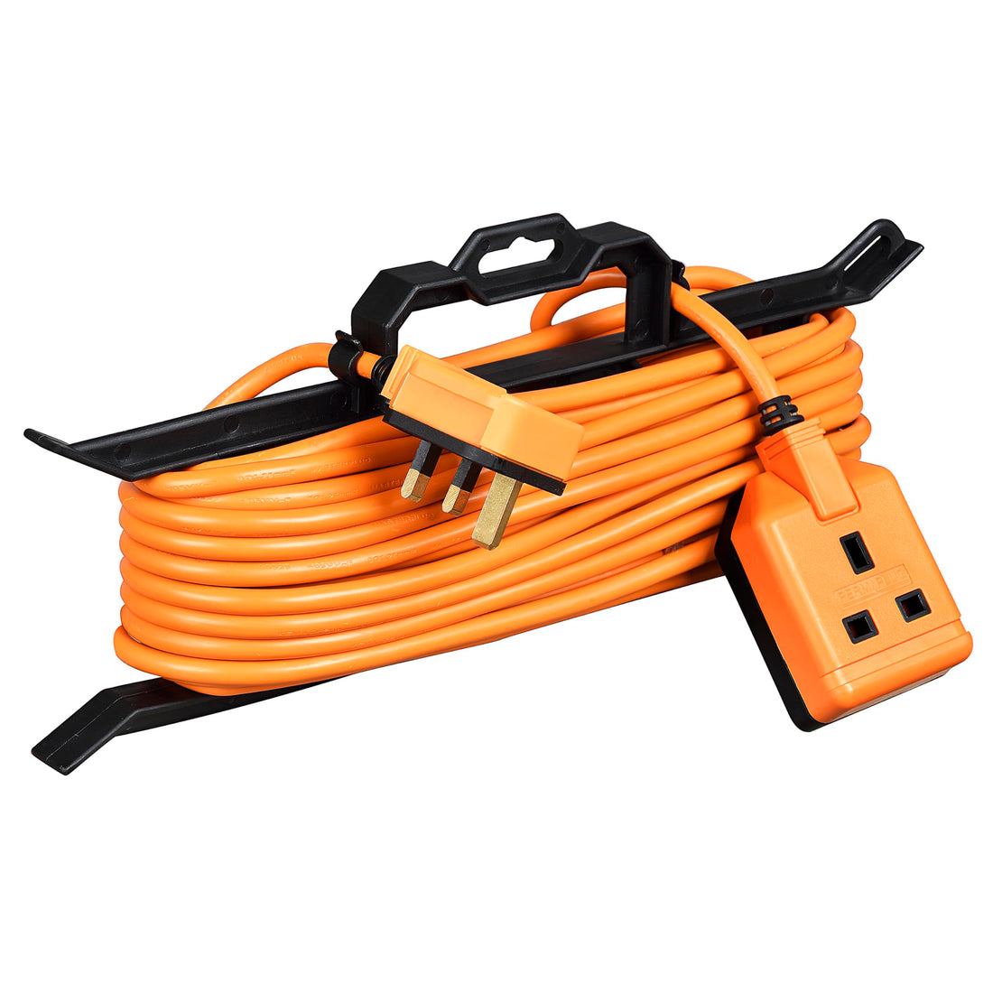 Masterplug Heavy Duty Outdoor Extension Lead 15m orange cable showing the high-visibility weatherproof cable with 13A unswitched rewireable single socket for outdoor garden and construction use