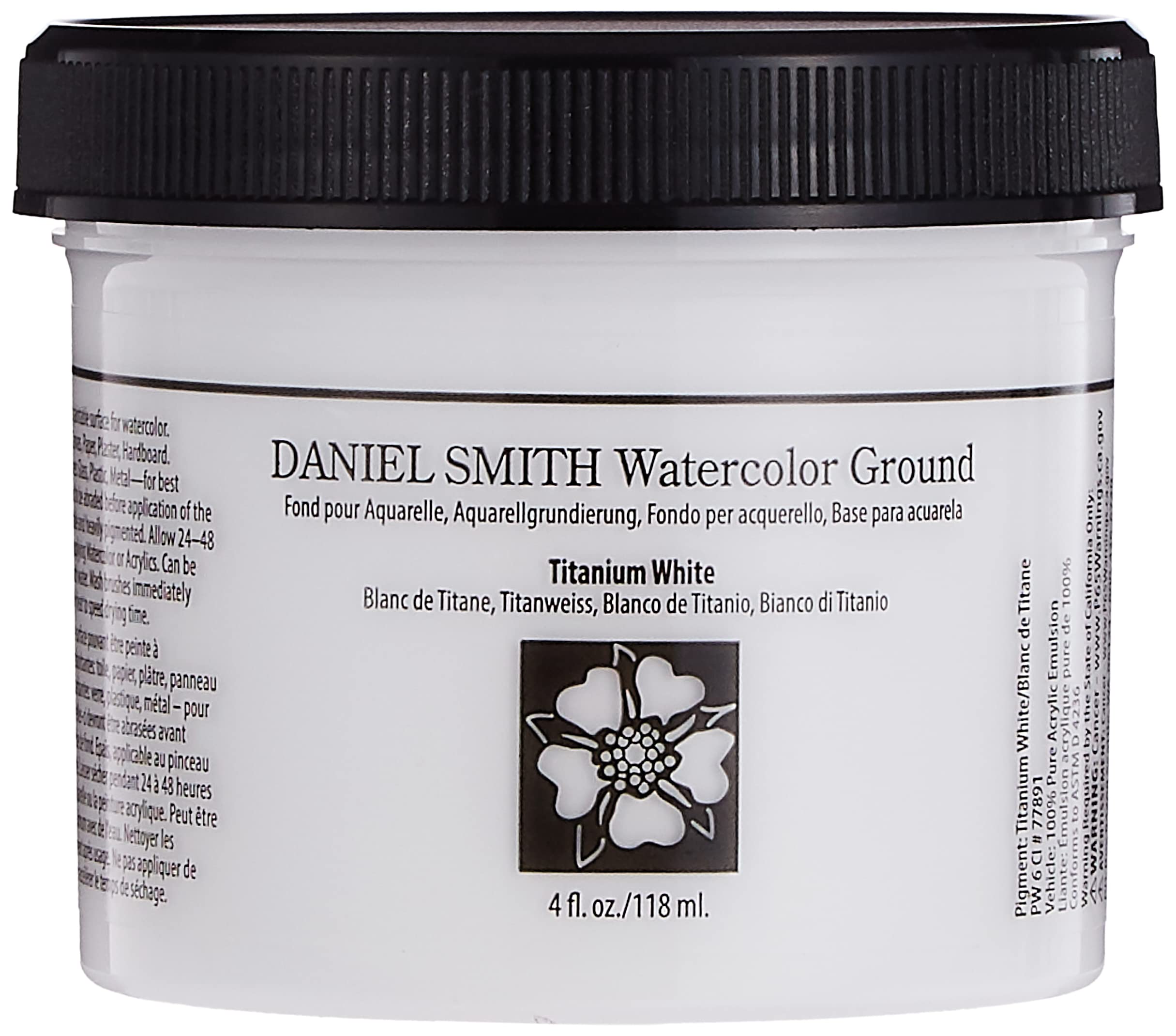 Daniel Smith Watercolor Ground Titanium White 4oz jar on an artist's studio desk surrounded by brushes and watercolour swatches