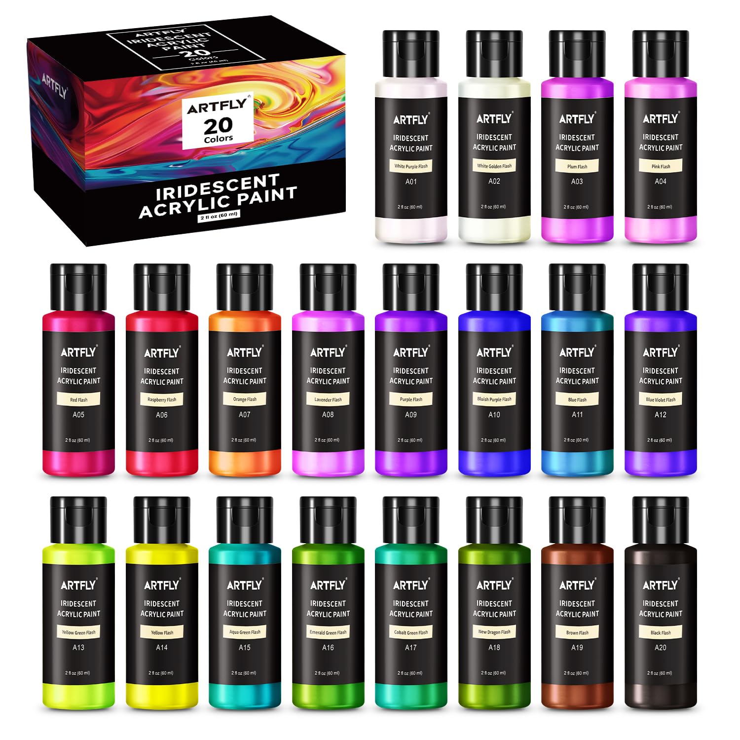 Paint That Changes Colour as You Look at It: ARTFLY Iridescent Acrylic Paint Set 20 Chameleon Colours at £31.77