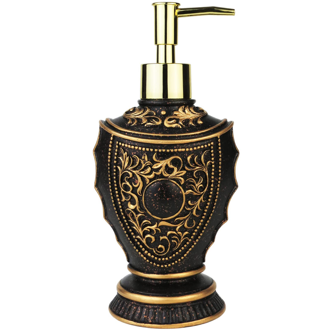Jolof Store Vintage Baroque Soap Dispenser in Black and Gold – 8-inch resin lotion pump with exquisite hand-carved Baroque lace-inspired detailing, 300ml capacity, premium black and gold finish for bathroom and kitchen countertops