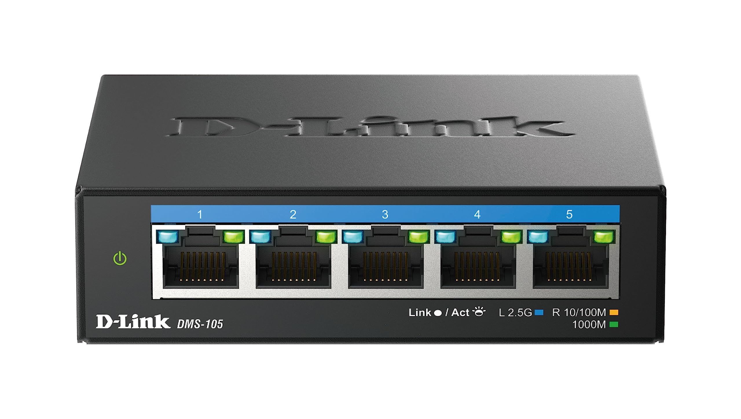 D-Link DMS-105 5-Port 2.5G Multi-Gigabit Unmanaged Desktop Switch — compact fanless metal housing network switch with five 2.5 gigabit ports, plug and play connectivity for home and office use