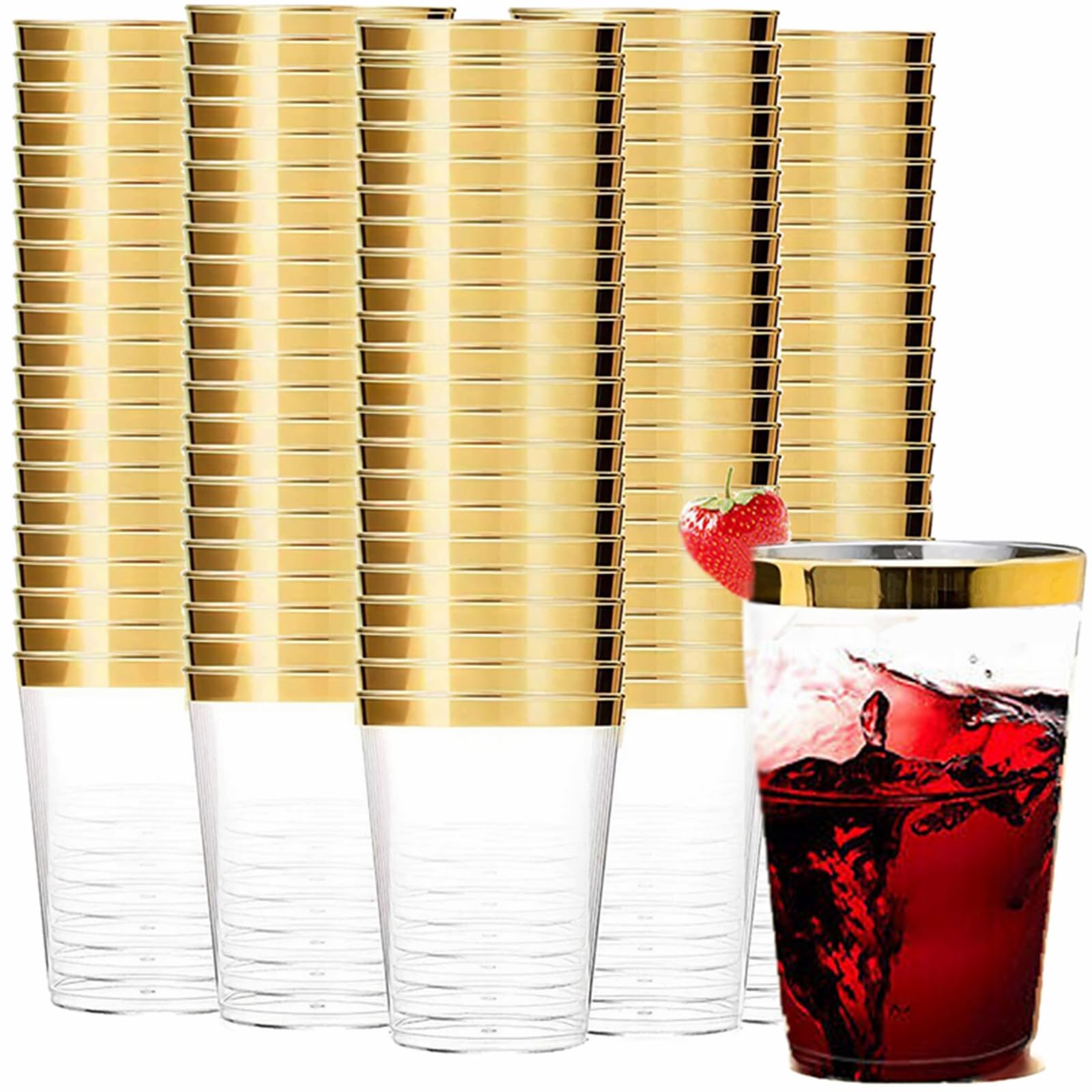Tebery 100 Pack Gold Rim Plastic Cups 10oz – clear reusable wedding tumblers with elegant gold rim