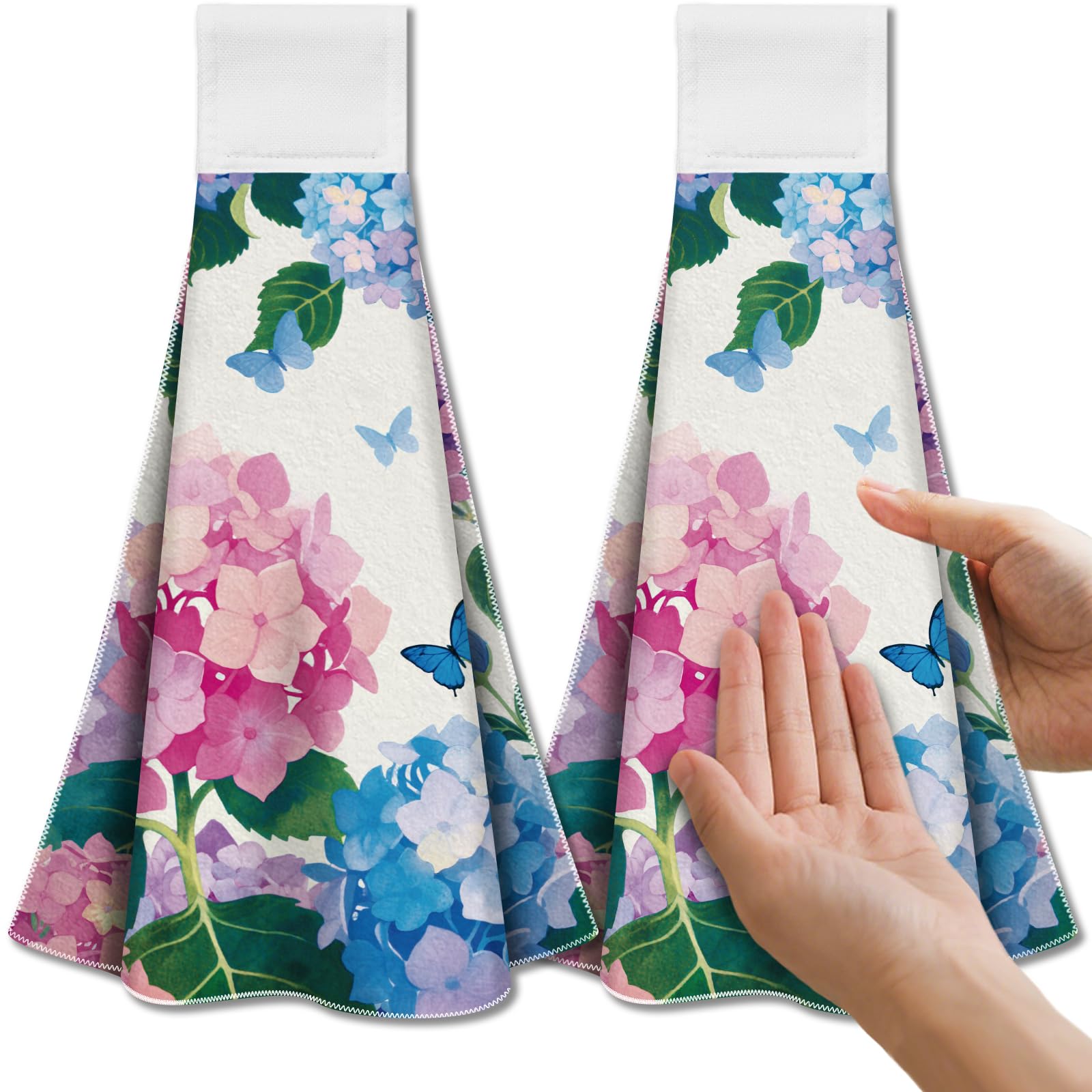 CUTHOLLOW Pink Hydrangea Hanging Kitchen Towels set of 2 in microfiber showing floral hydrangea and butterfly pattern with hanging loop on an oven handle