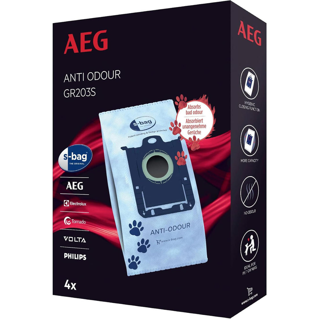 AEG GR203S s-bag Anti-Odour Vacuum Cleaner Bags 4-pack for pets – synthetic bags designed to neutralise pet odours with hygienic seal for clean disposal