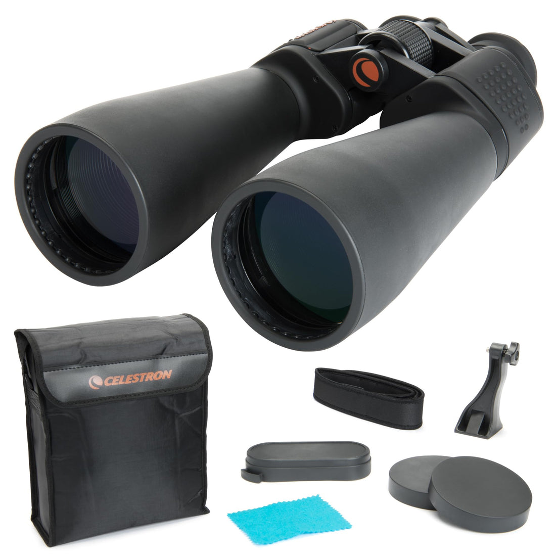 Celestron SkyMaster 25x70 Binoculars in black with BaK-4 prisms and multi-coated lenses shown with carry case and tripod adapter