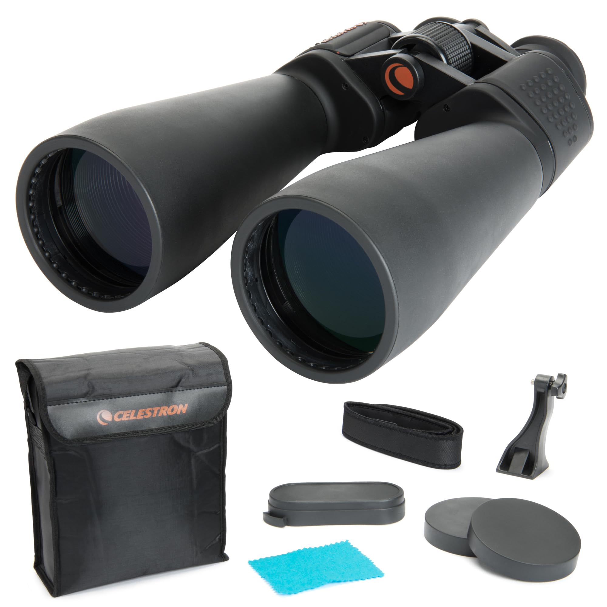 Celestron SkyMaster 25x70 Binoculars in black with BaK-4 prisms and multi-coated lenses shown with carry case and tripod adapter