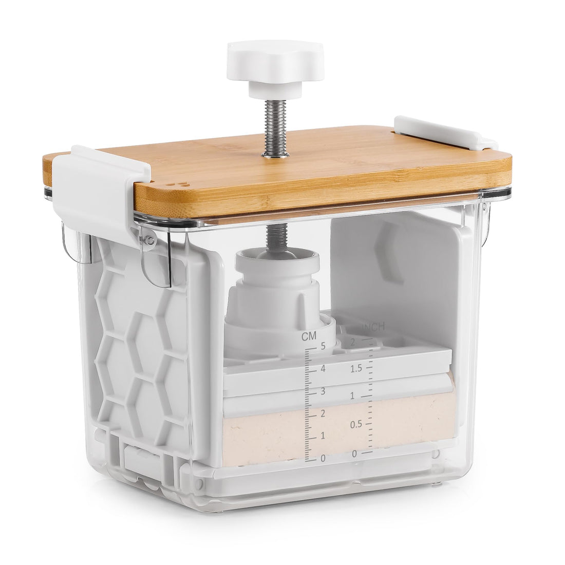 BPA-Free Tofu Press and Paneer Presser on a clean kitchen worktop next to a block of pressed tofu ready for cooking
