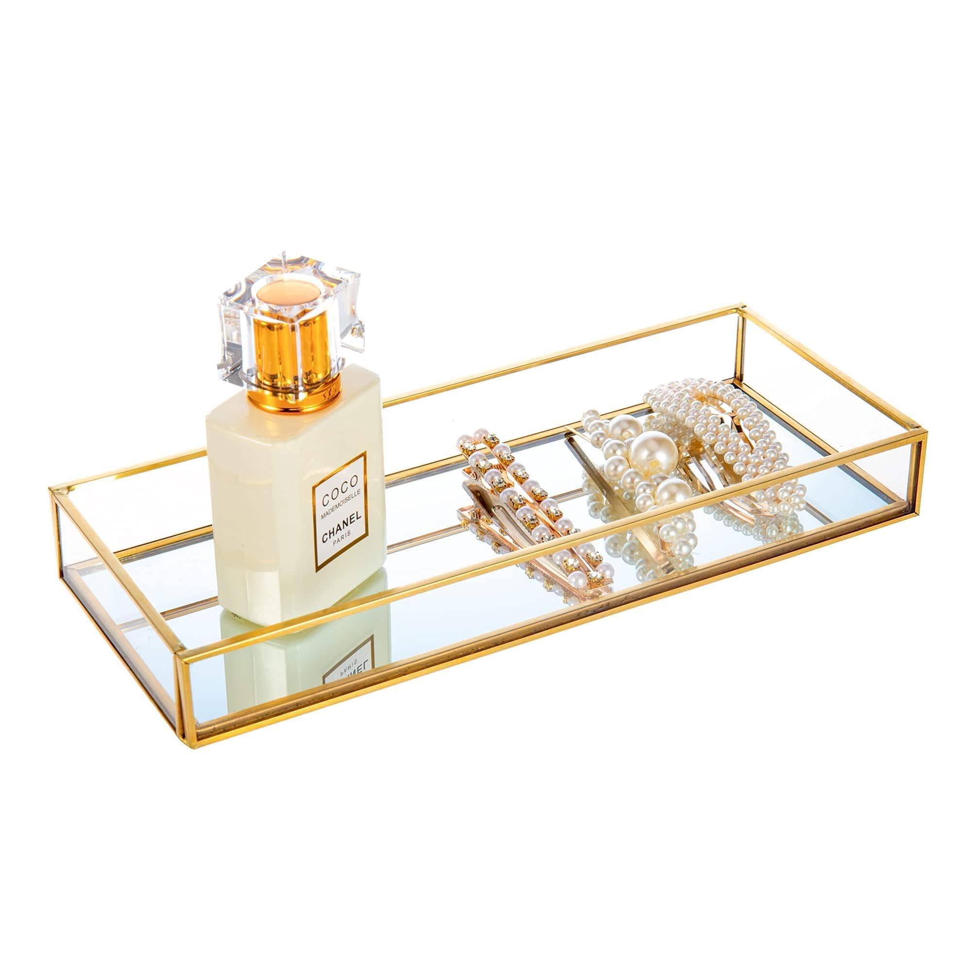 Feyarl Gold Glass Vanity Tray with gold rim — one of three jewellery trays compared in this buyer's guide from ALTOE