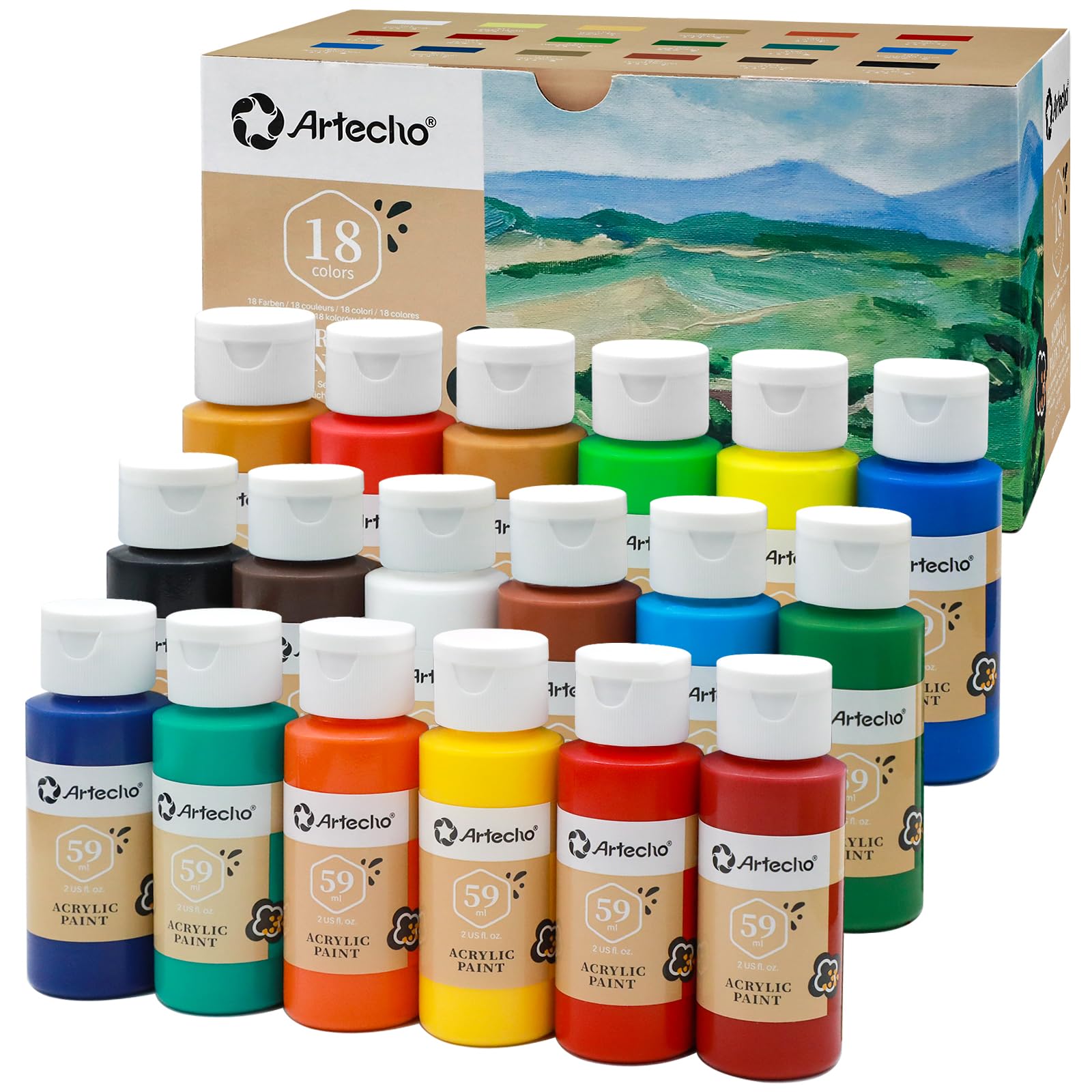 Artecho acrylic paint set 18 colors 2oz 59ml flip-top bottles non-toxic waterproof gloss finish ASTM EN71