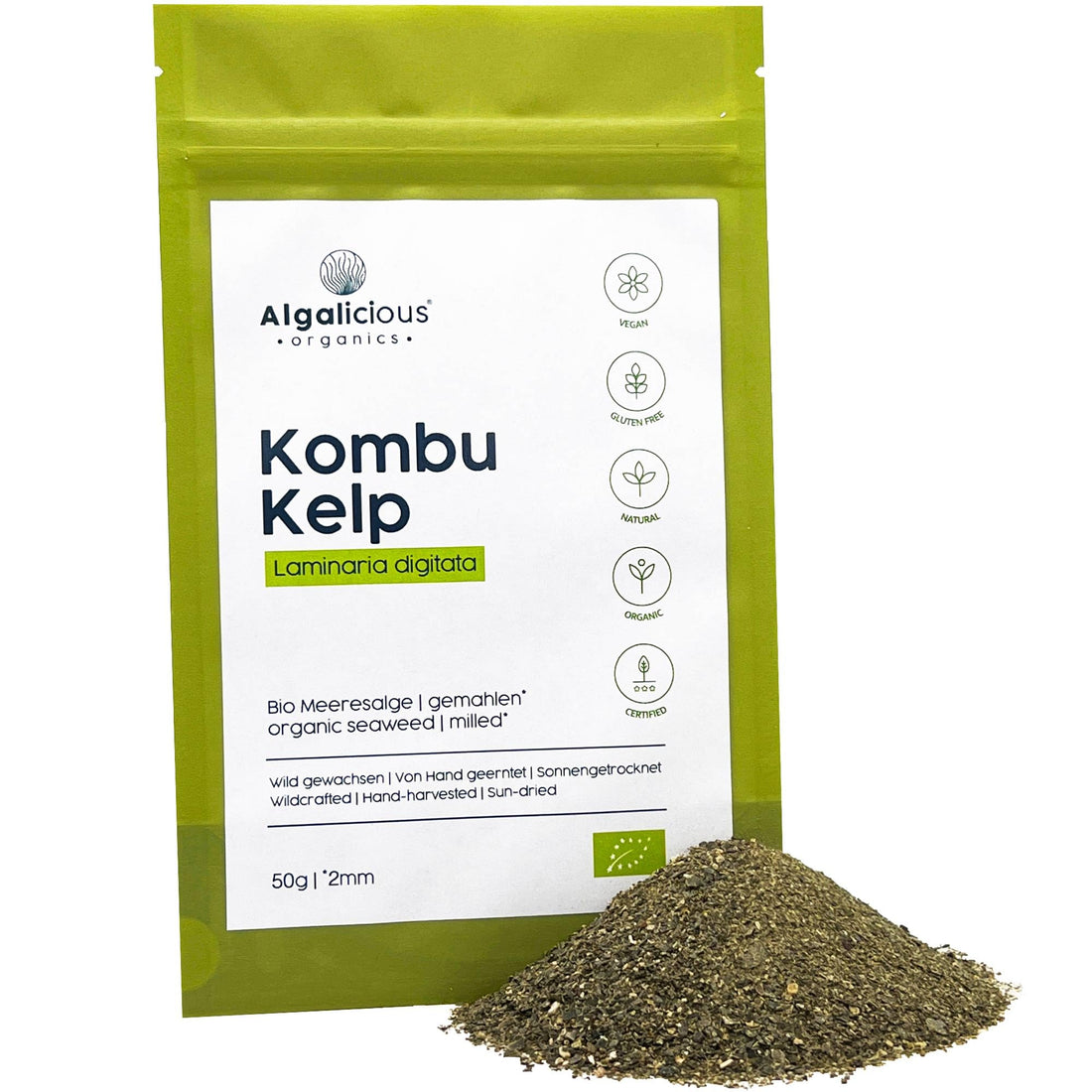 ALGALICIOUS Organic Kombu Seaweed Flakes 50g – Irish Laminaria Digitata in resealable packaging showing certified organic North Atlantic seaweed flakes