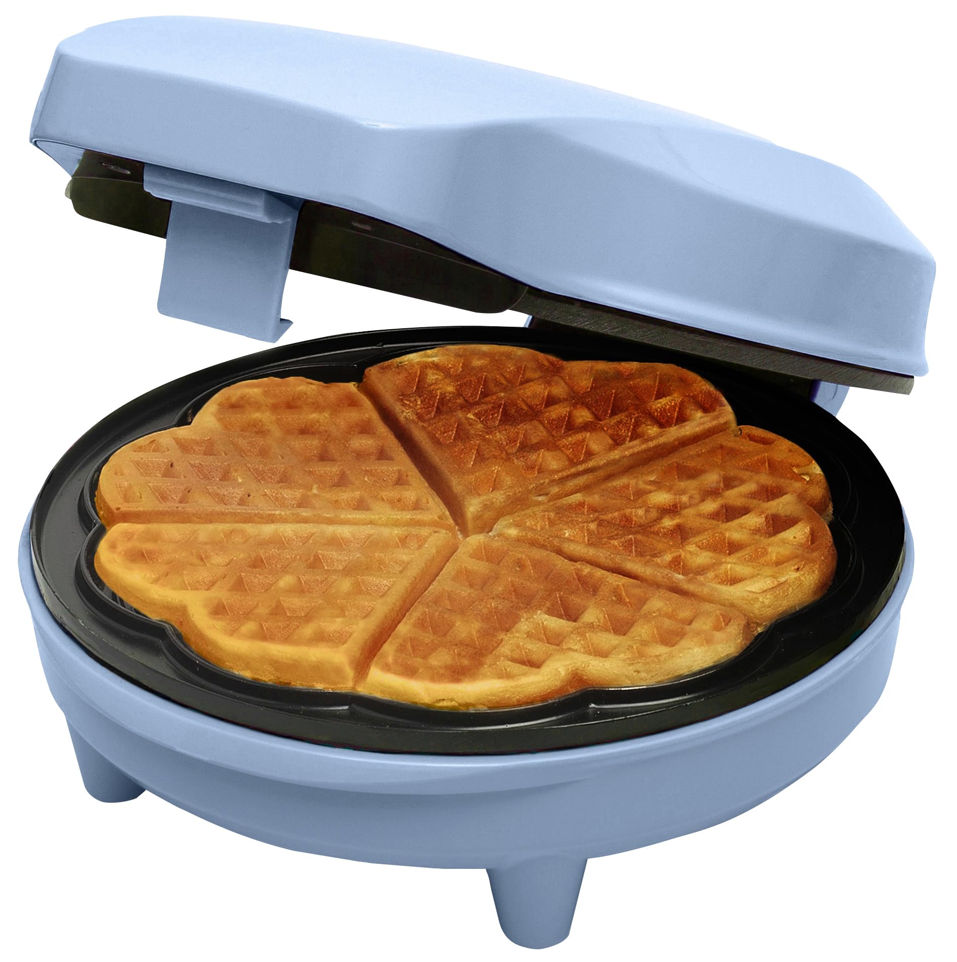 Bestron ASW217BBS Heart Waffle Maker in blue on a kitchen counter, ready to make heart-shaped waffles