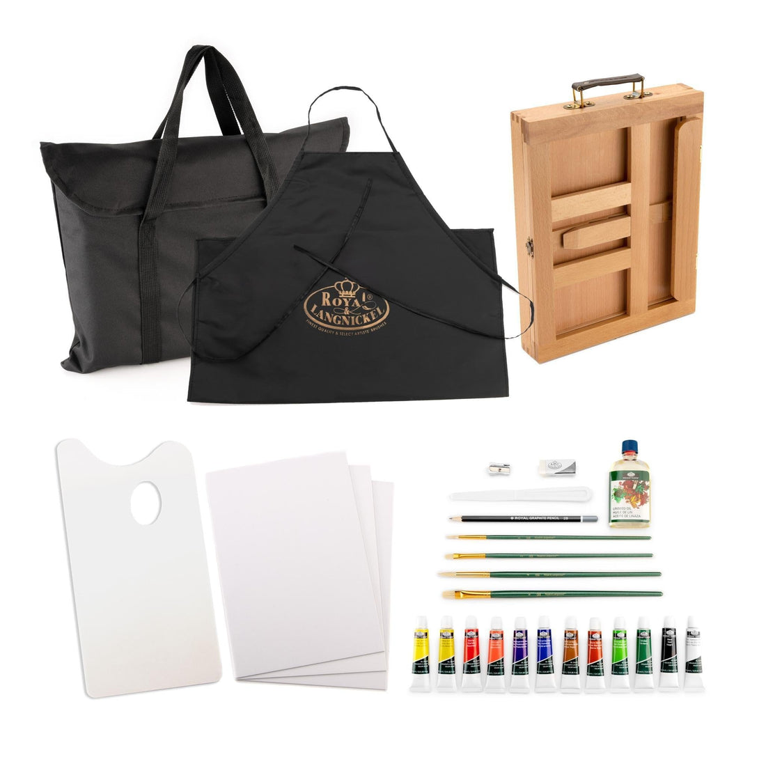 Royal and Langnickel Oil Painting Art Easel Set — tabletop easel with inbuilt drawer, 12 oil paints, linseed oil, 4 brushes, palette knife, palette and canvas carry bag