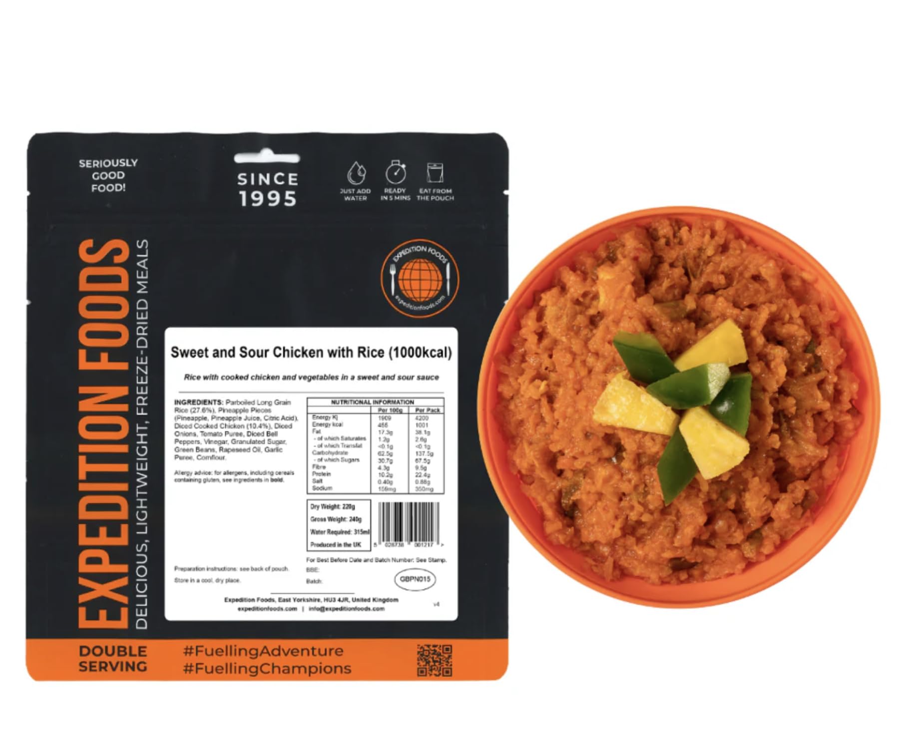 Expedition Foods Sweet and Sour Chicken with Rice 1000kcal freeze-dried camping meal pouch – lightweight double serving backpacking food for hiking and mountaineering