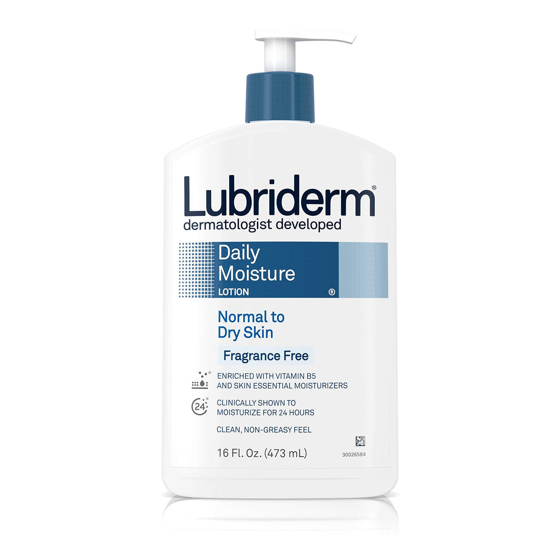Lubriderm Daily Moisture Body Lotion 473ml fragrance-free bottle showing the dermatologist-recommended water-based formula for normal to dry skin that absorbs quickly without greasiness