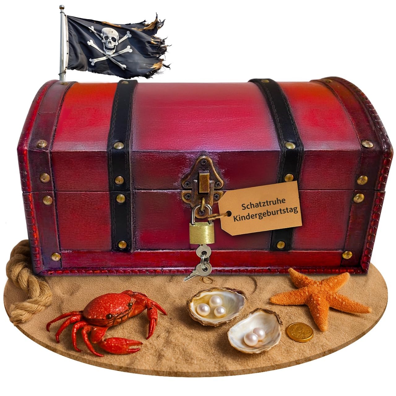 infinimo Treasure Chest large wooden pirate box with lock and key in dark brown rustic finish, 30x20x15cm, open on a wooden surface showing the interior