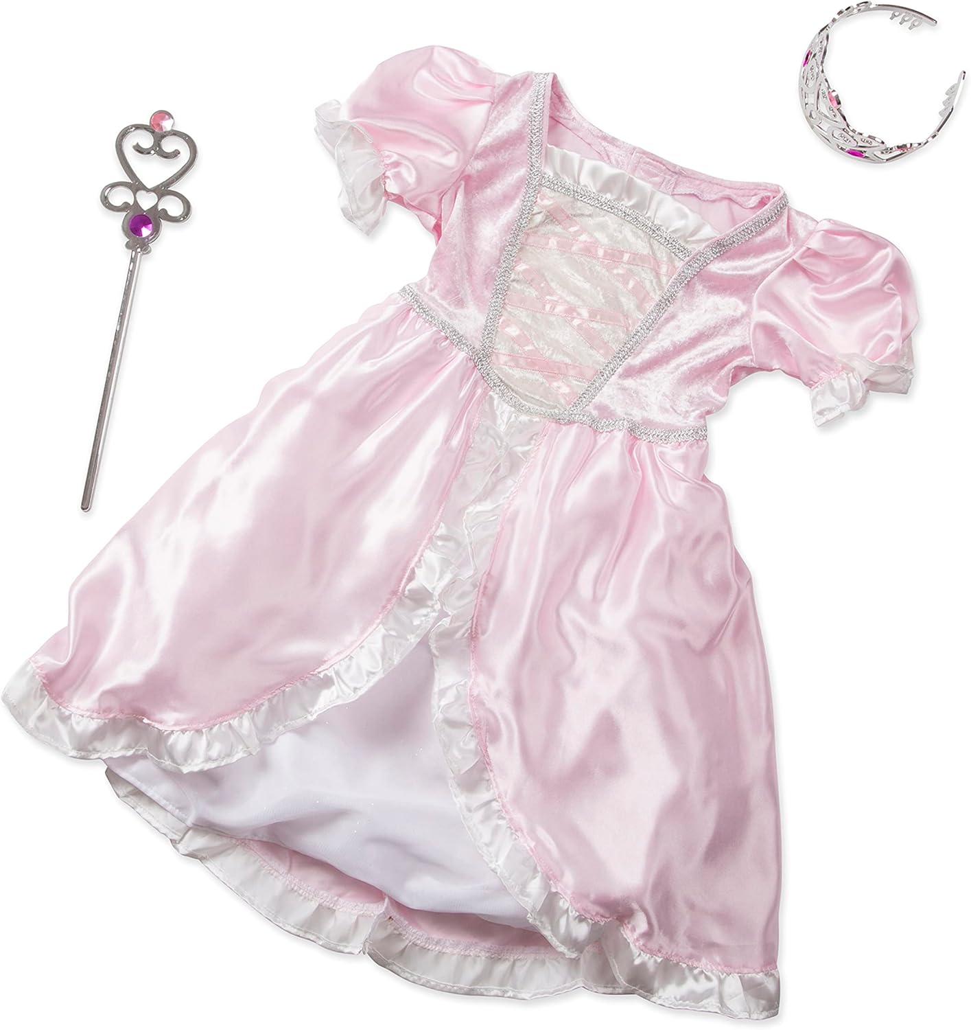 Melissa and Doug Princess Role Play Costume Set – satiny dress with ruffles and regal details, includes silvery wand and crown, machine washable, for imaginative play