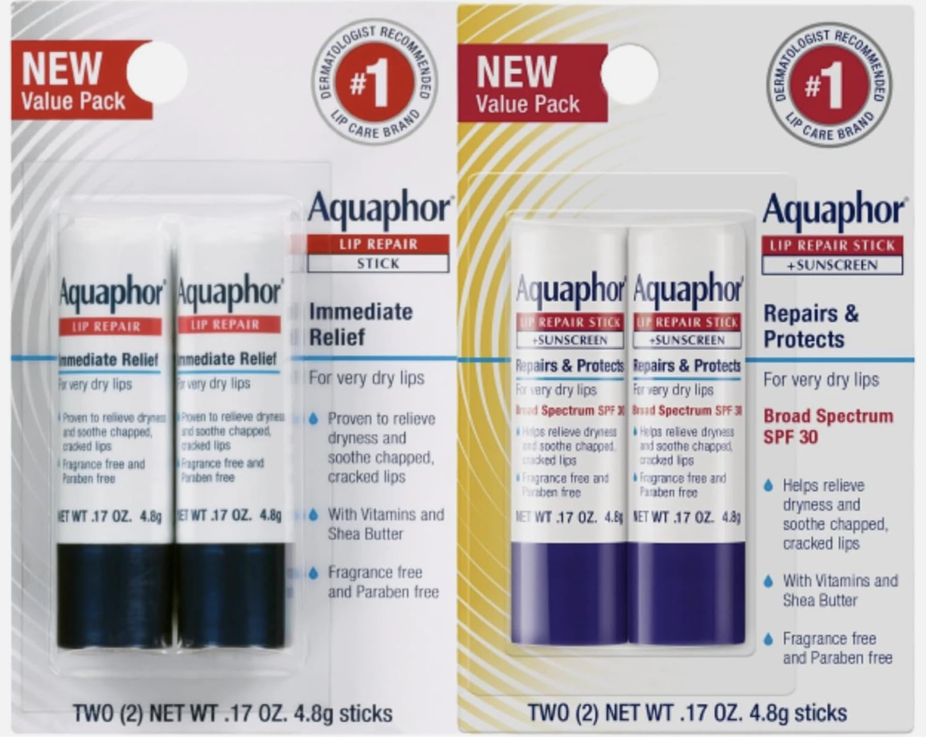 Aquaphor Lip Repair and SPF 30 Stick Multipack 4-Piece Set — two Lip Repair Sticks and two Lip Repair and Protect SPF 30 Sticks with shea butter and vitamins, dermatologist recommended