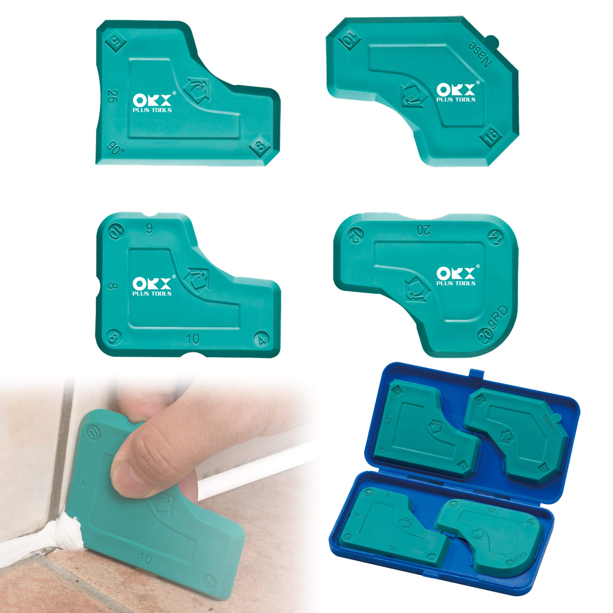 ORXPLUS Tools 4-Piece Silicone Caulking Kit in green, showing all four finishing tools with multiple edge profiles for grout and sealant work