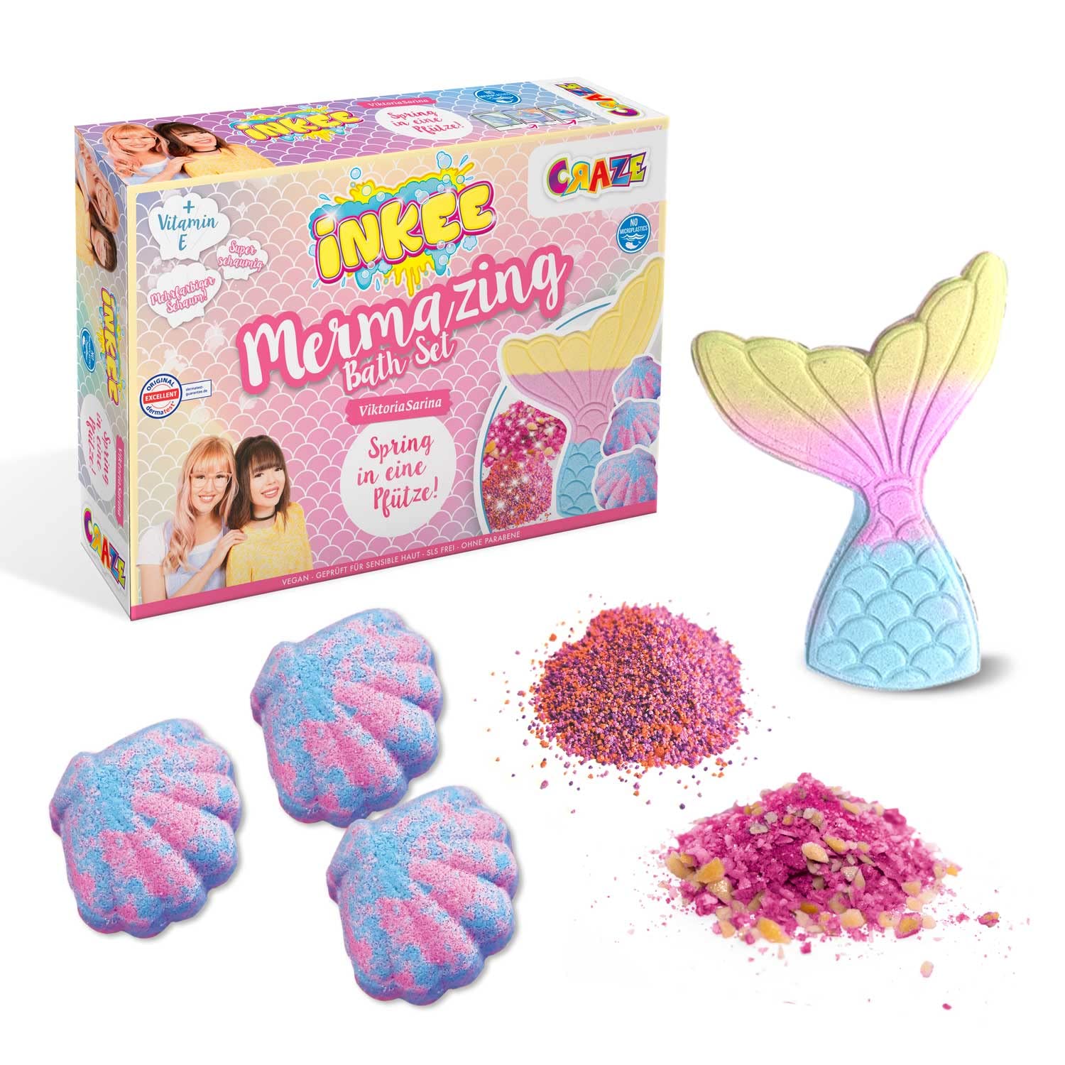 Craze INKEE Mermazing Bath Set — vegan bath bombs and bath salts for kids with vibrant multi-coloured foam, enriched with Vitamin E and free from parabens, SLS and microplastics