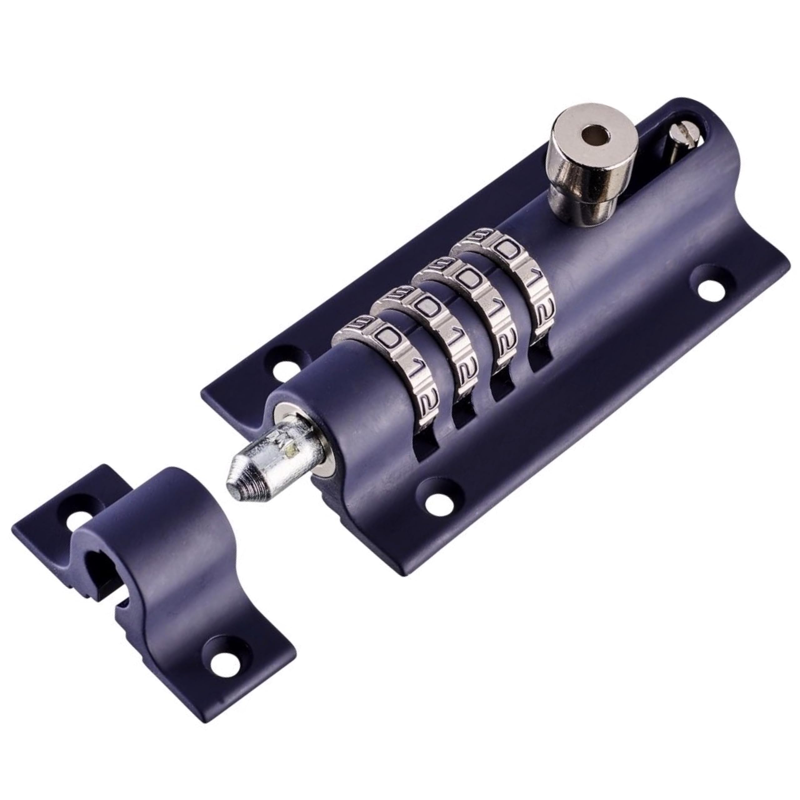 Squire Combi Bolt 4-Wheel Combination Lock in Navy Blue mounted on a garden gate