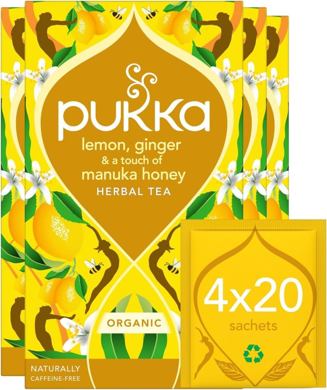 Pukka Herbs Organic Lemon Ginger and Manuka Honey Tea — caffeine-free herbal infusion with turmeric, elderflower and lemon verbena, 4 packs of 20 plastic-free two-chamber tea bags