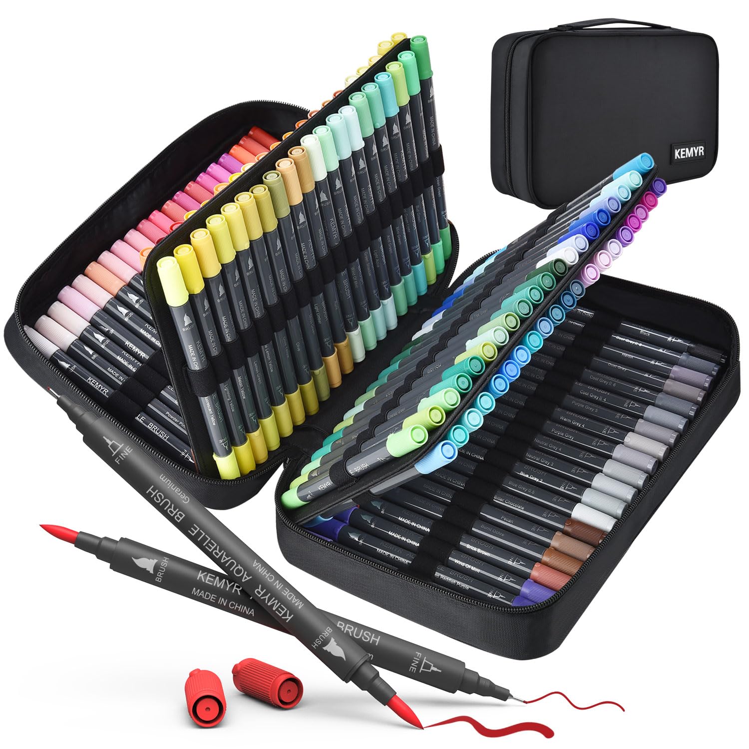 Kemyr 120 Color Dual Tip Art Markers water-based brush and fine pens – non-bleeding, acid-free, for adult colouring and bullet journal