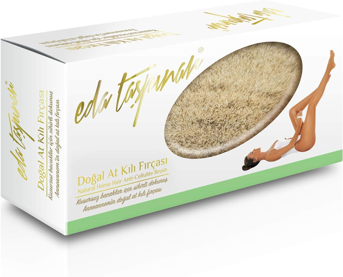 Eda Taspinar Natural Horse Hair Dry Brush Anti-Cellulite Exfoliator – premium natural horsehair dry brush for stimulating blood circulation, exfoliating dead skin cells and minimising cellulite appearance, used with upward strokes on legs arms and torso