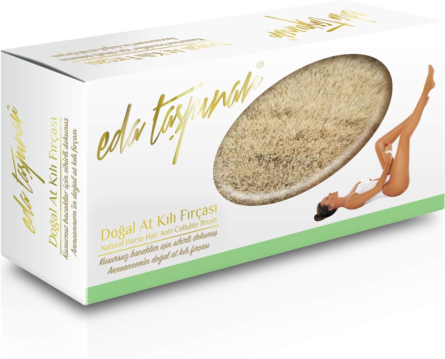 Eda Taspinar Natural Horse Hair Dry Brush Anti-Cellulite Exfoliator – premium natural horsehair dry brush for stimulating blood circulation, exfoliating dead skin cells and minimising cellulite appearance, used with upward strokes on legs arms and torso