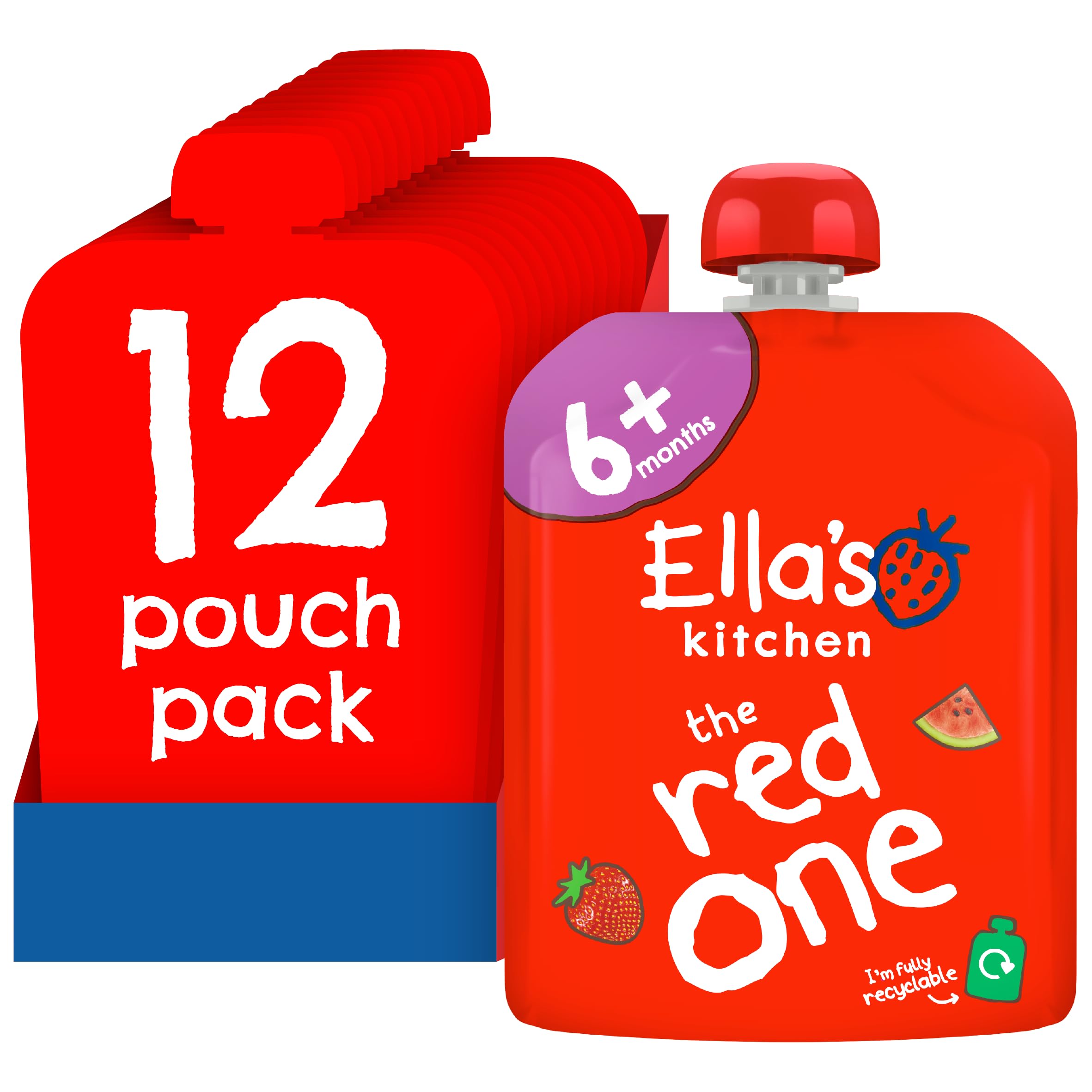 Ella's Kitchen Organic Red One Fruit Smoothie Pouch 12x90g pack showing the organic fruit pouches made with apples bananas strawberries raspberries and watermelon juice with no added sugar