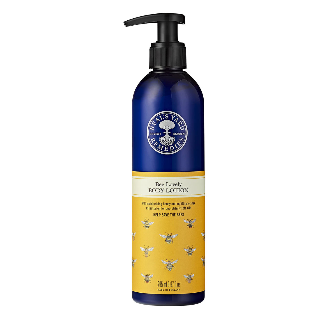 Neal's Yard Remedies Bee Lovely Body Lotion 295ml – organic honey and orange body moisturiser with fair trade ingredients, uplifting citrus aroma, gentle for whole family aged 3 and over, supports bee conservation