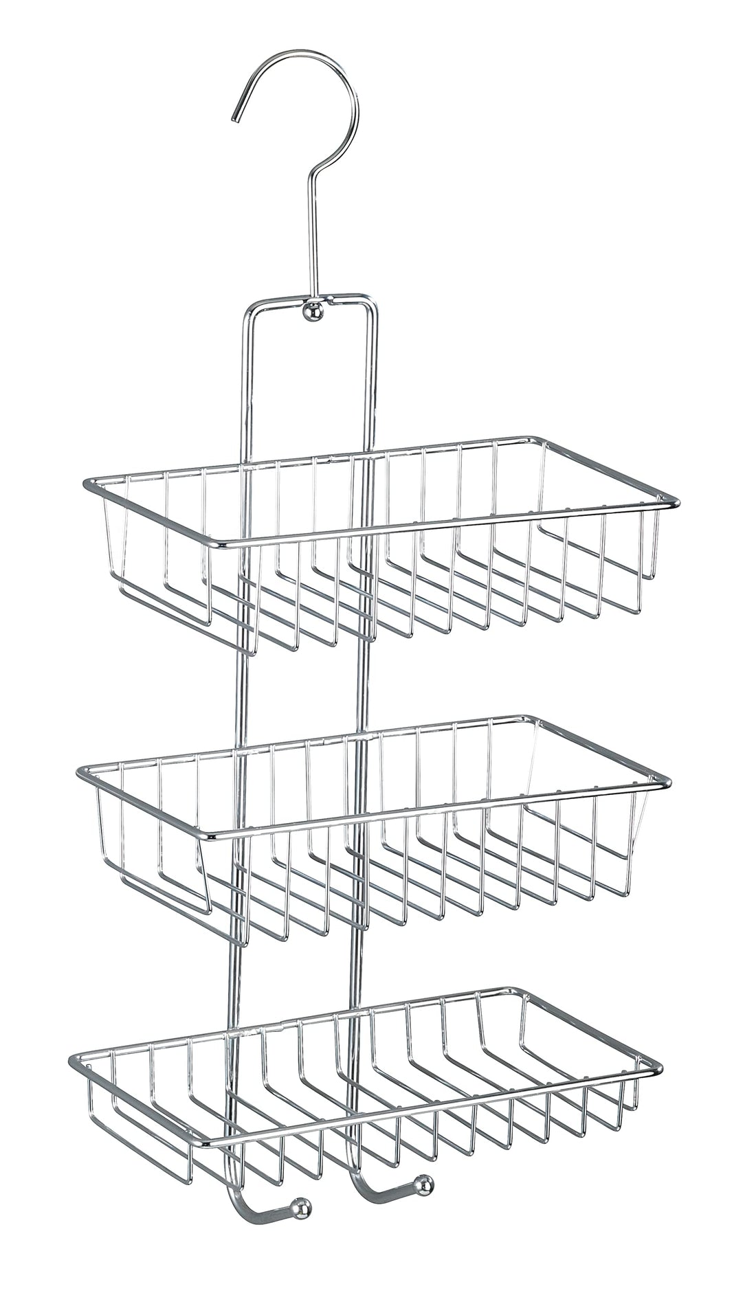 Wenko Nivala Shower Caddy – 3-tier hanging chrome rack with three square storage baskets and two integrated hooks, 22 x 50 x 13.5cm, premium steel chrome finish, hangs on shower rail or wall for elegant clutter-free bathroom storage
