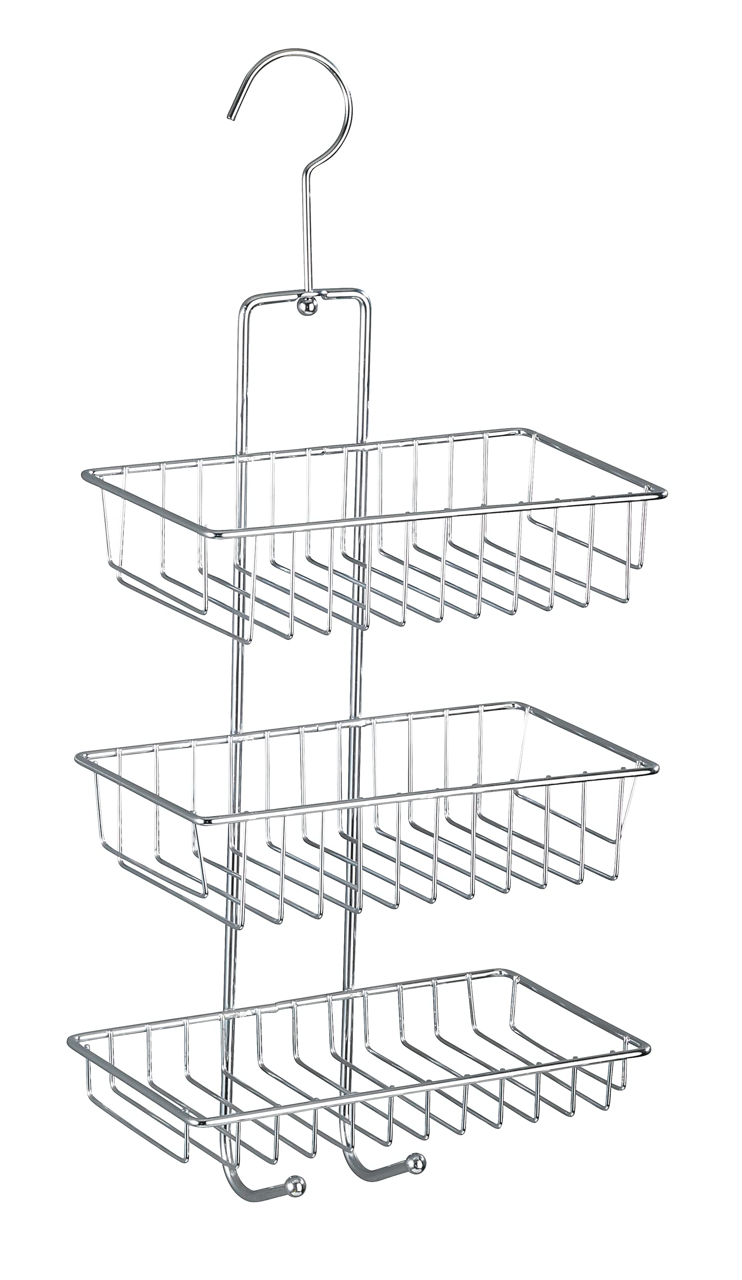 Wenko Nivala Shower Caddy – 3-tier hanging chrome rack with three square storage baskets and two integrated hooks, 22 x 50 x 13.5cm, premium steel chrome finish, hangs on shower rail or wall for elegant clutter-free bathroom storage