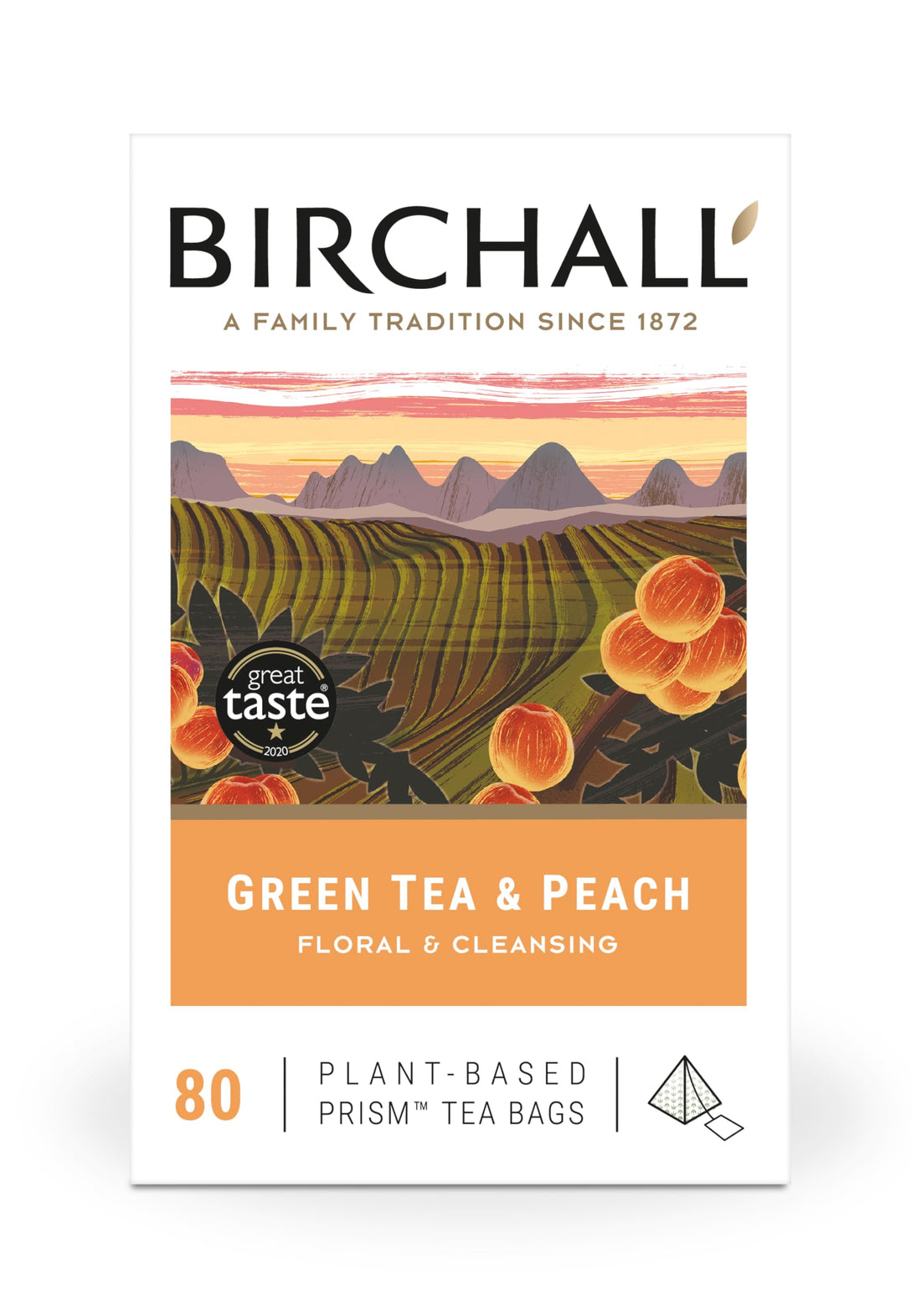Birchall Green Tea & Peach — 80 plant-based prism tea bags blended with real fruit pieces and marigold flowers