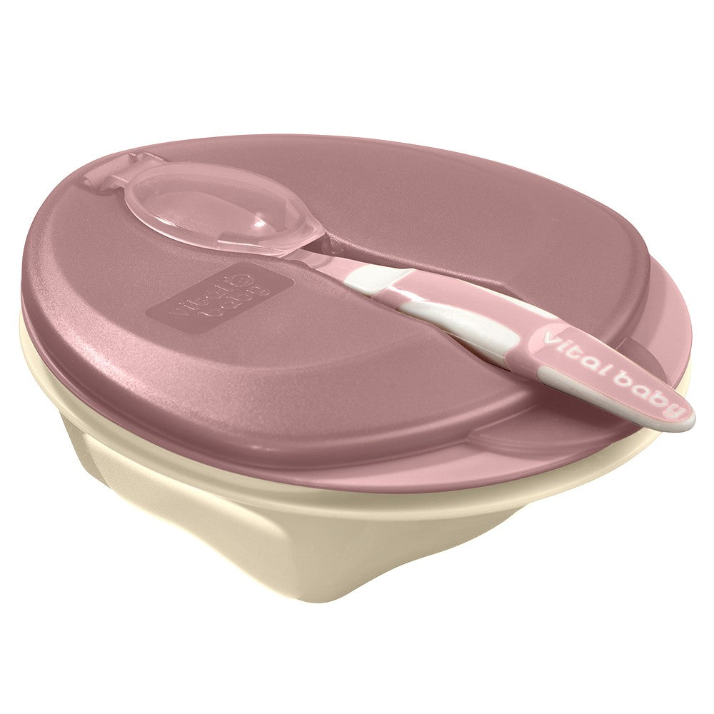 Vital Baby Scoop Travel Feeding Set in Natural Berry — complete set showing the berry-coloured bowl with scooped sides, soft-tipped spoon and leak-proof lid with hygienic spoon cover