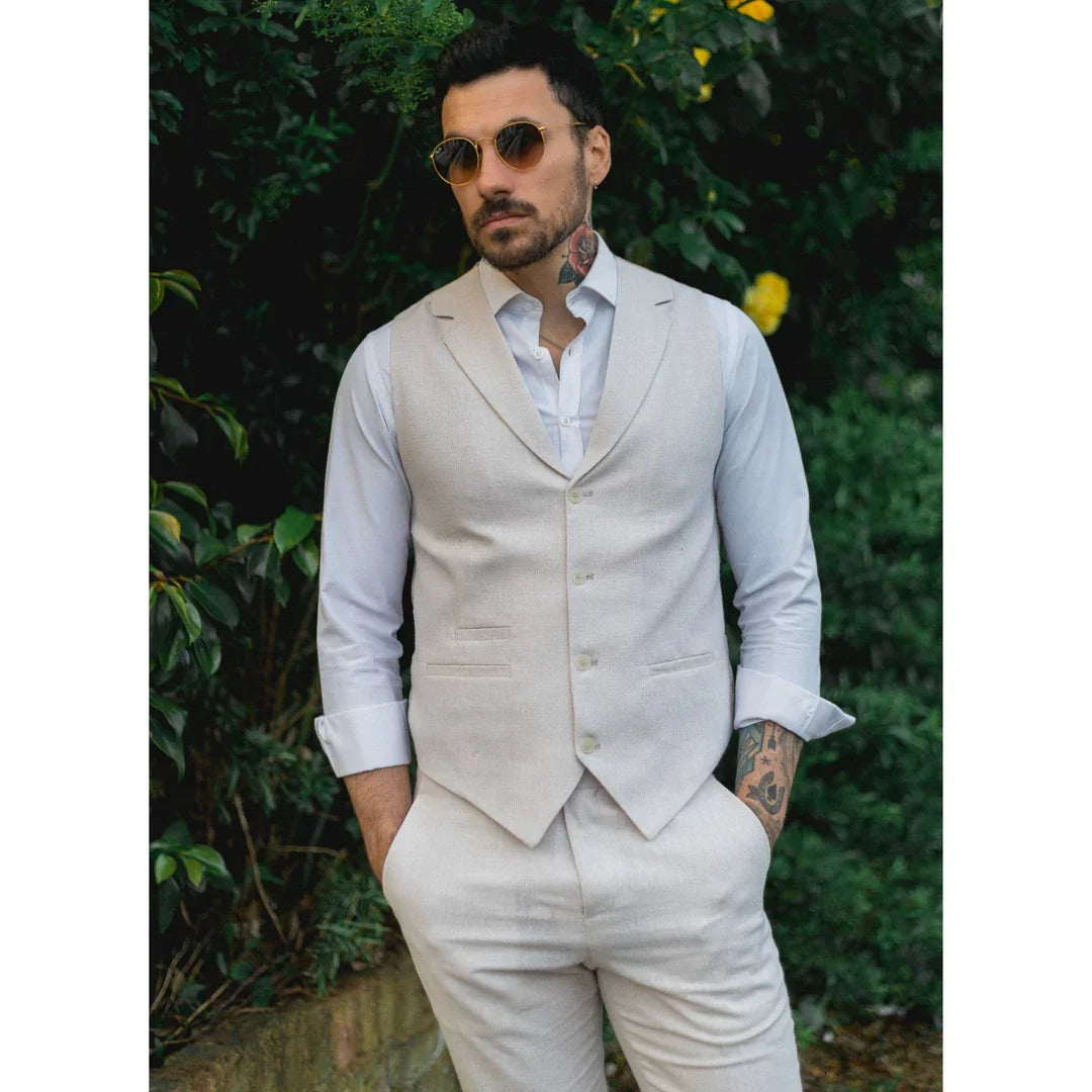 TruClothing Men’s Cream Beige Linen Waistcoat & Trousers – The Complete Summer Suit Set for Just £70