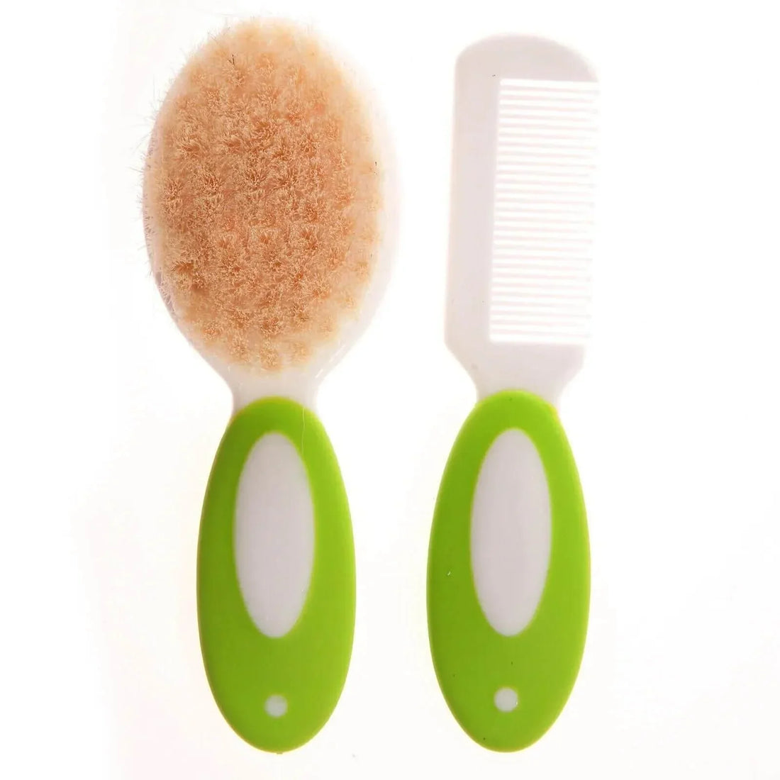 baby plus Natural Brush and Comb Set showing the soft sheep hair brush and round-toothed comb side by side on a clean white surface
