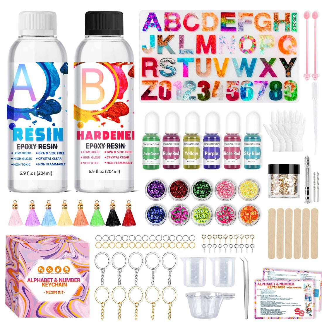 Insnug 111-piece epoxy resin kit for beginners with silicone letter number moulds, clear resin, hardener and accessories