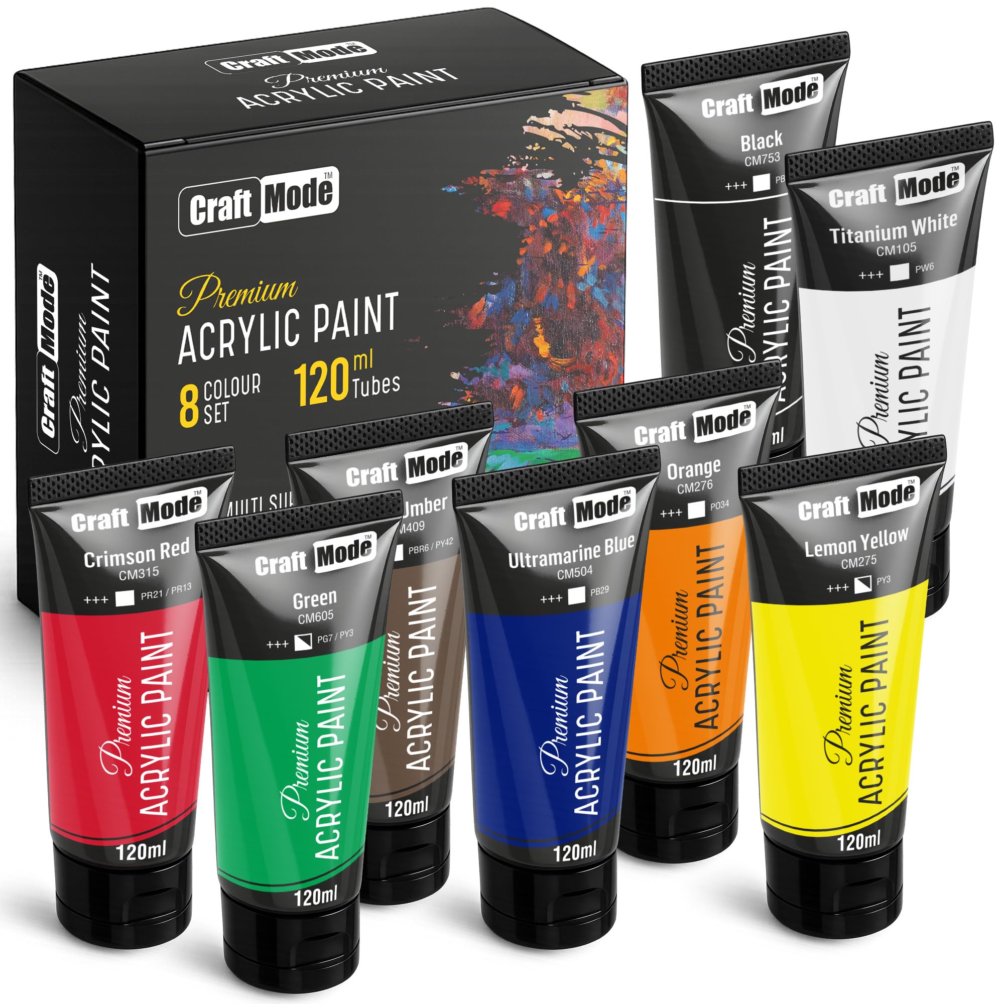 Craft Mode Acrylic Paint Set - 8 x 120ml Non-Toxic Vibrant Art Paints