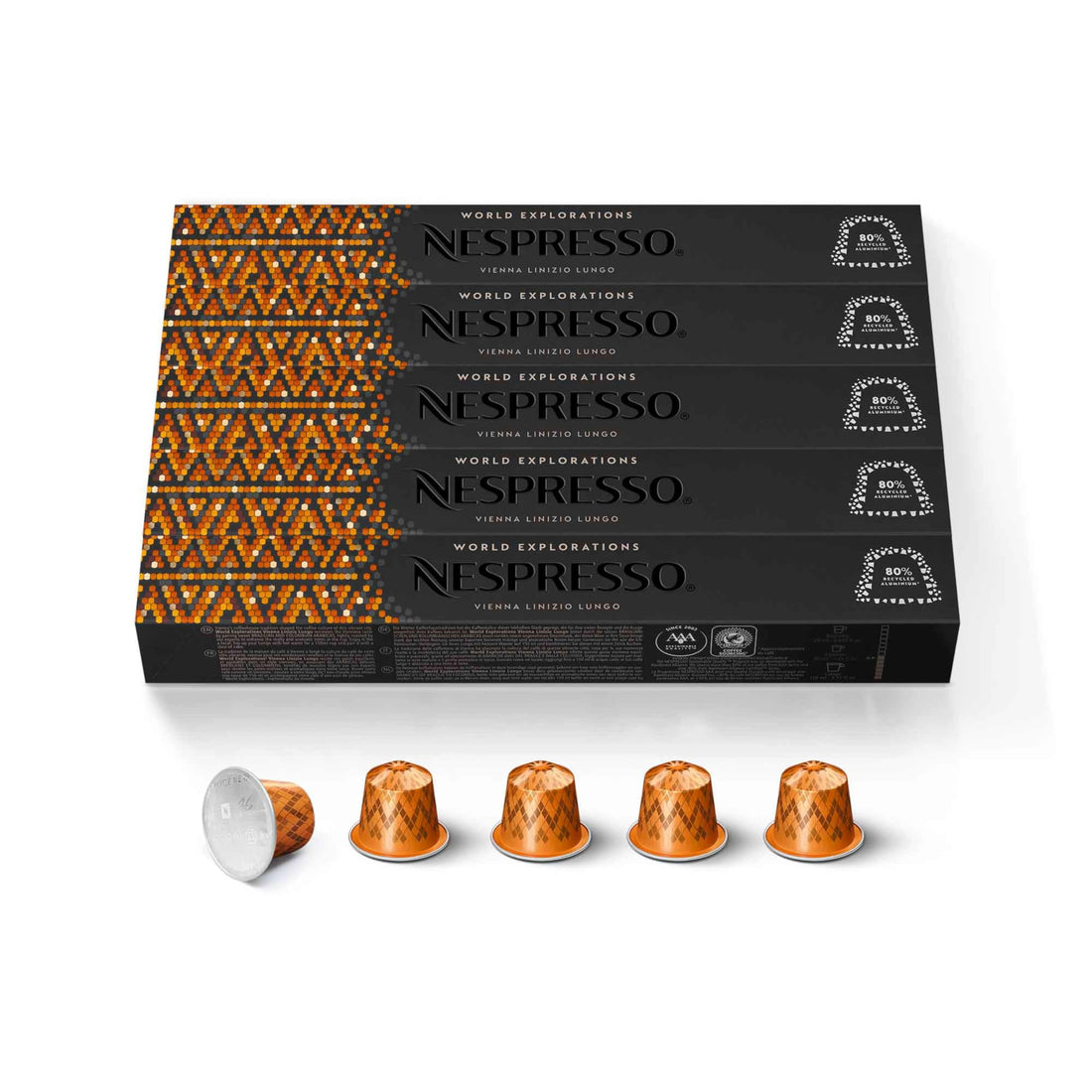 Nespresso OriginalLine Vienna Linizio Lungo Coffee Capsules 50-count box on a wooden kitchen surface beside a lungo glass