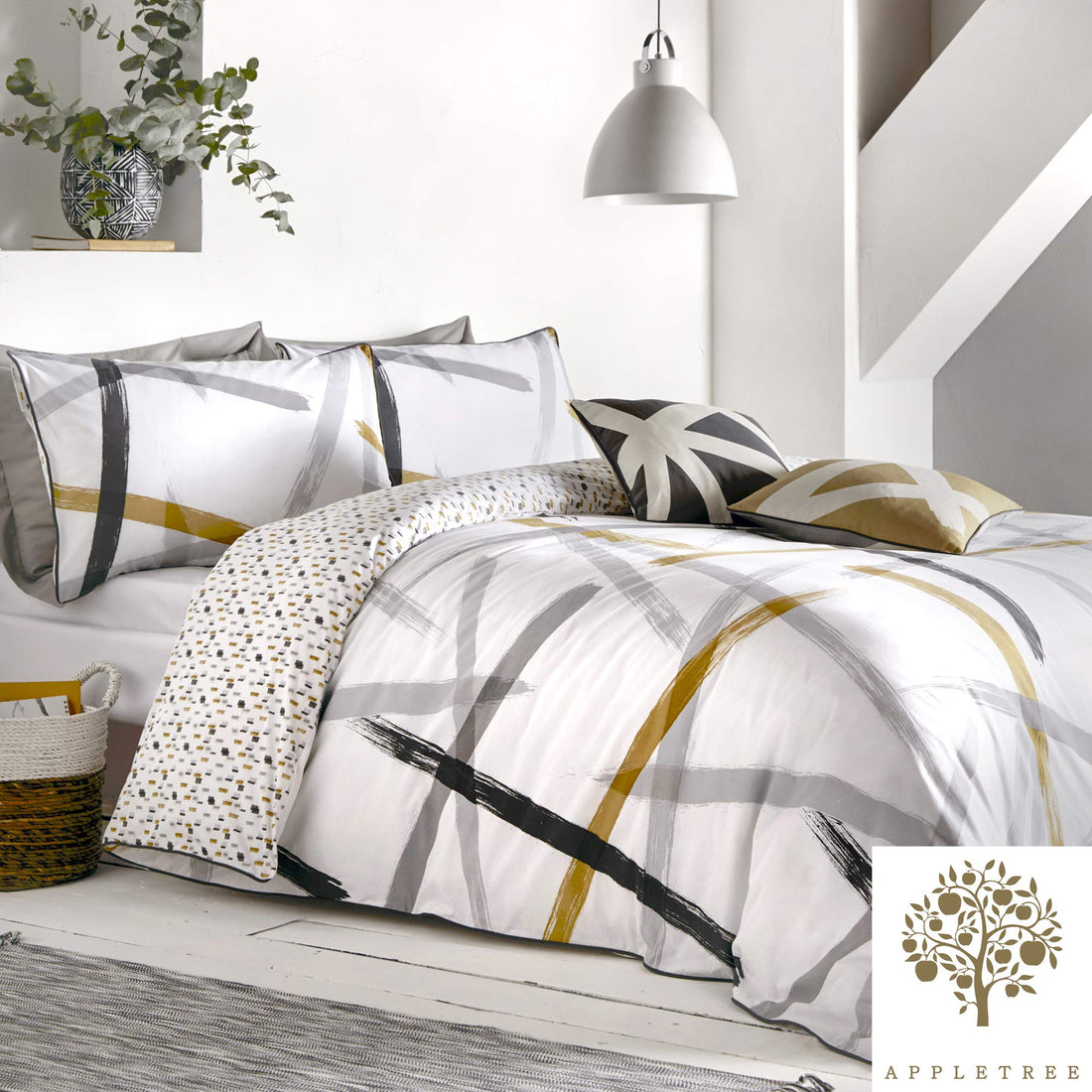 Appletree Leda-100 King Duvet Cover Set in 100% Cotton Grey and Ochre – styled on a king bed showing bold brushstroke pattern in ochre and grey tones on white background