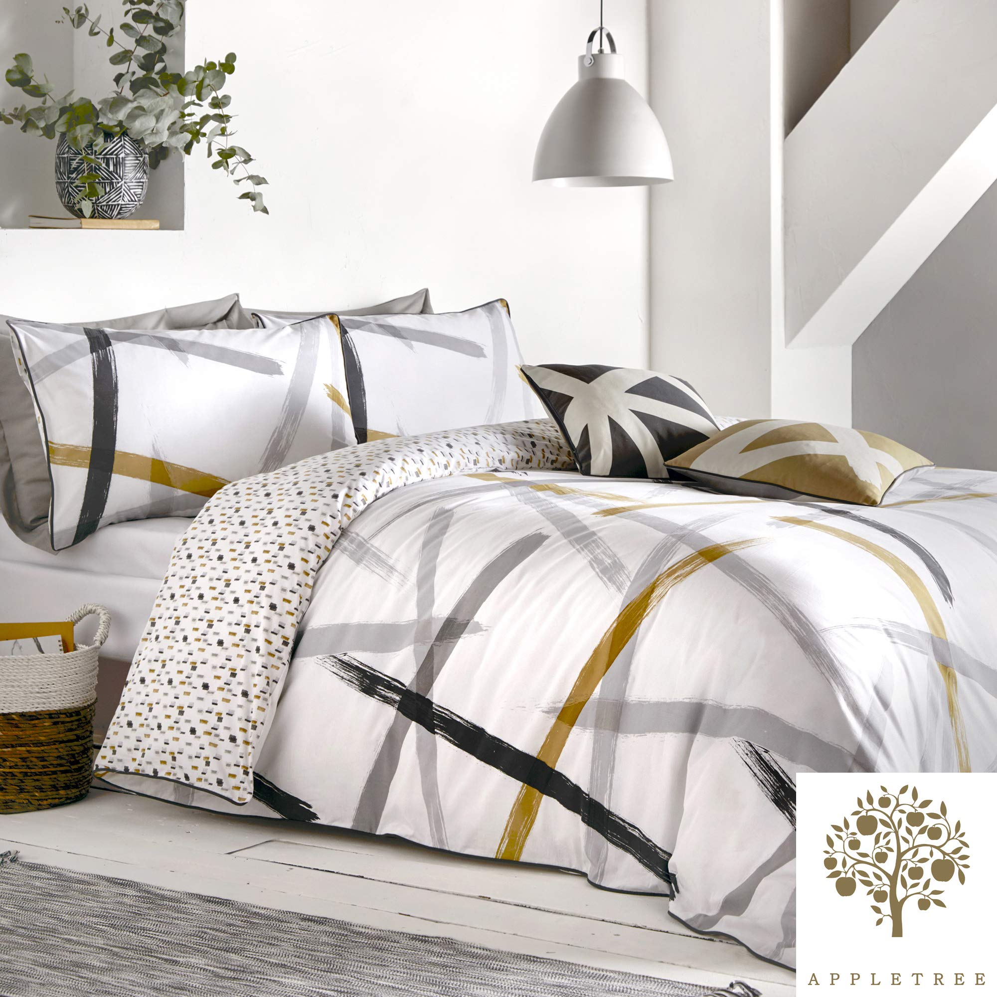 Appletree Leda-100 King Duvet Cover Set in 100% Cotton Grey and Ochre – styled on a king bed showing bold brushstroke pattern in ochre and grey tones on white background