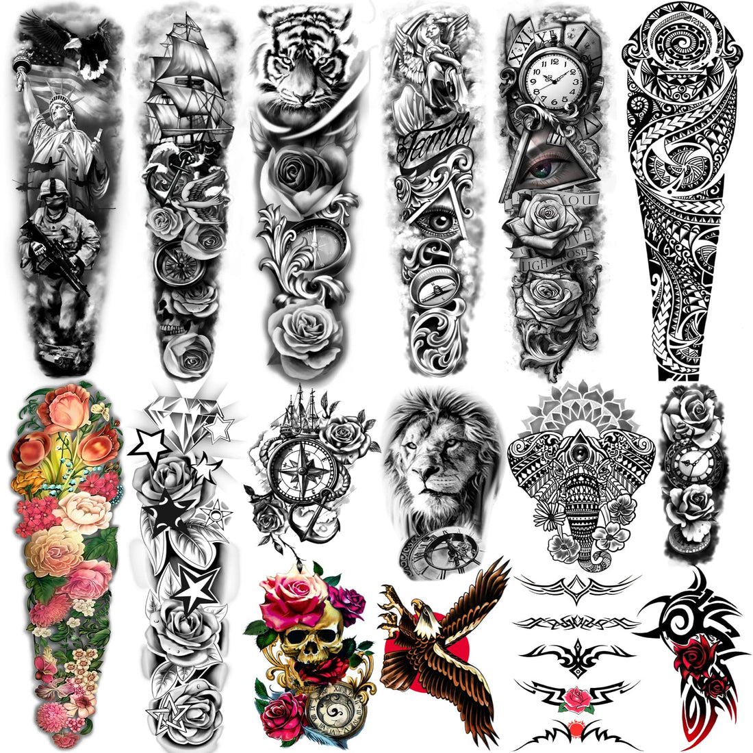 Yazhiji 16 Sheets Extra Large Temporary Tattoos showing full arm and half arm sleeve designs — one of three temporary tattoo sets compared in this guide from ALTOE