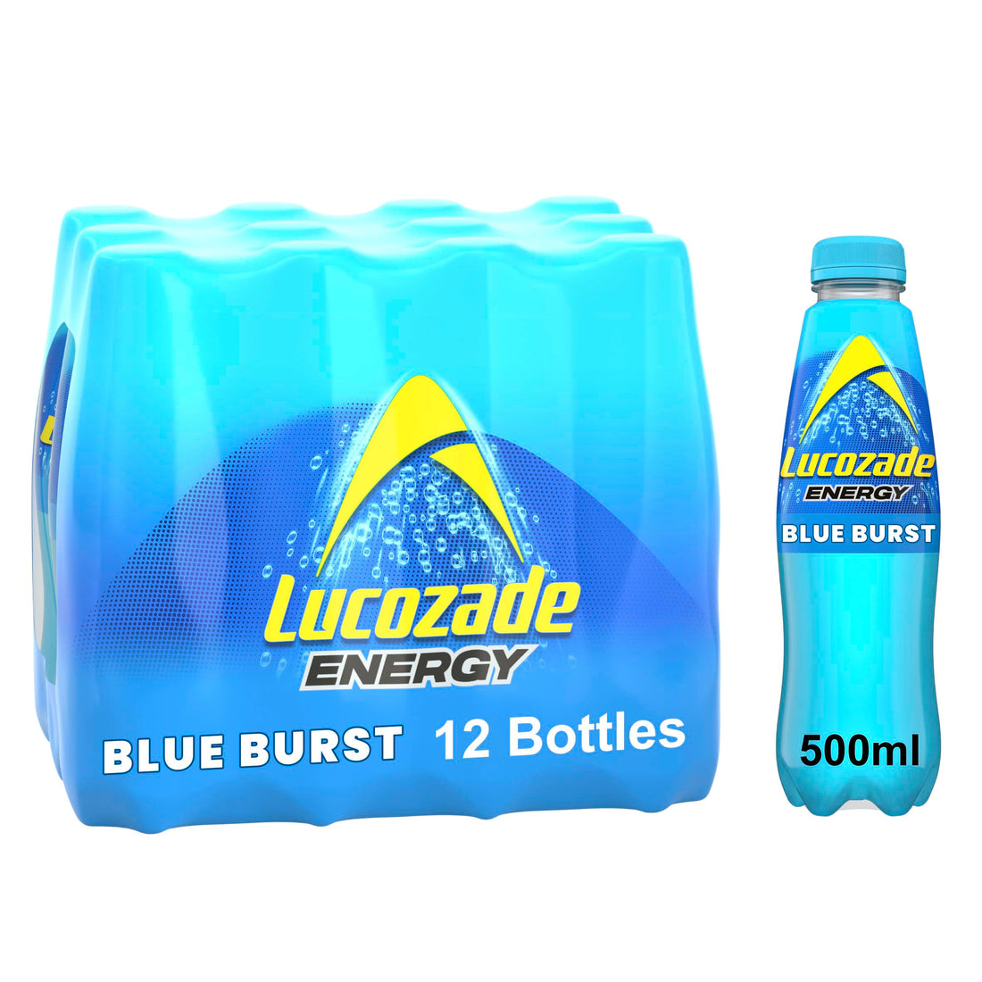 Lucozade Energy Blue Burst 500ml sparkling glucose drink pack of 12 showing the iconic blue burst flavour bottles with caffeine boost formula