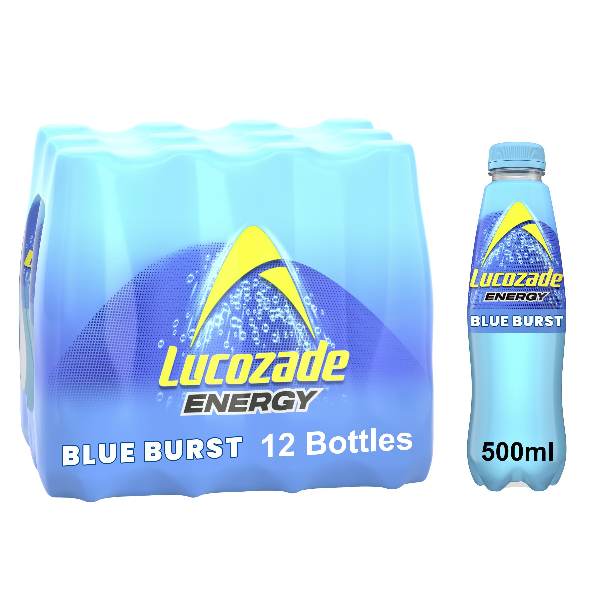 Lucozade Energy Blue Burst 500ml sparkling glucose drink pack of 12 showing the iconic blue burst flavour bottles with caffeine boost formula