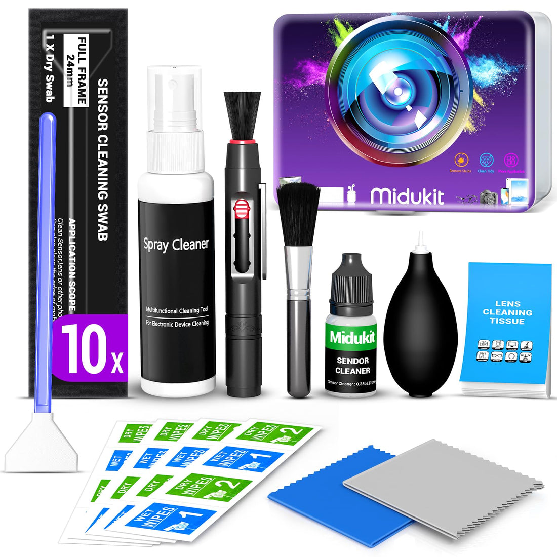 Full frame sensor and camera lens cleaning kit 10-piece – sensor swabs, precision brushes and cloths for DSLR maintenance