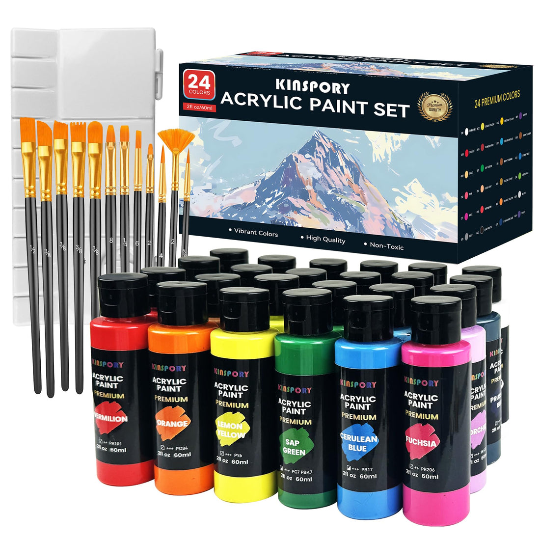 Kinspory Acrylic Paint Set 24 colours with 12 brushes and palette – complete beginner art set for canvas, wood, rocks and fabric