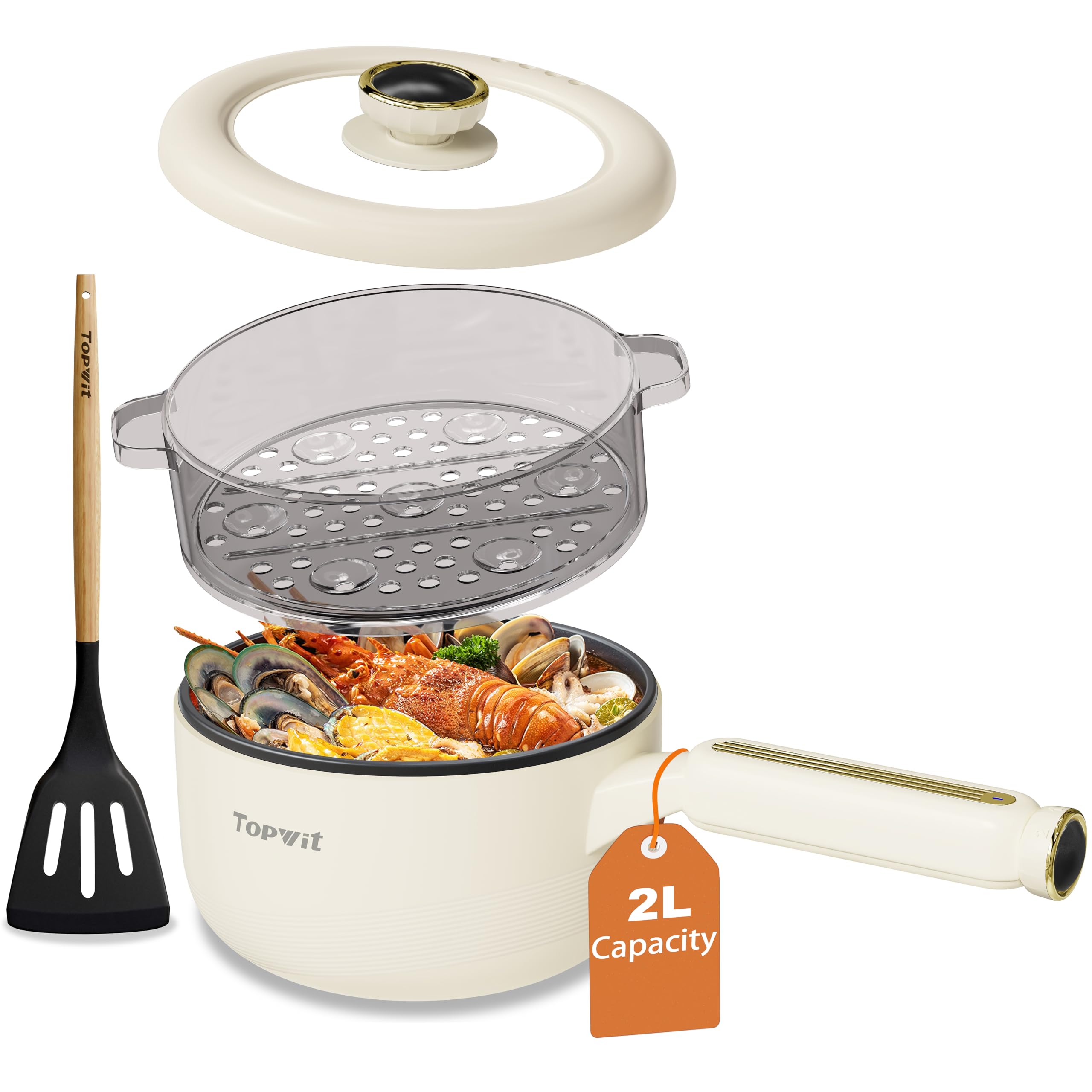 Topwit 2L Electric Hot Pot with Steamer showing the non-stick multifunctional cooker with dual power settings, steamer basket and PFOA-free BPA-free coating suitable for dorm rooms and small kitchens